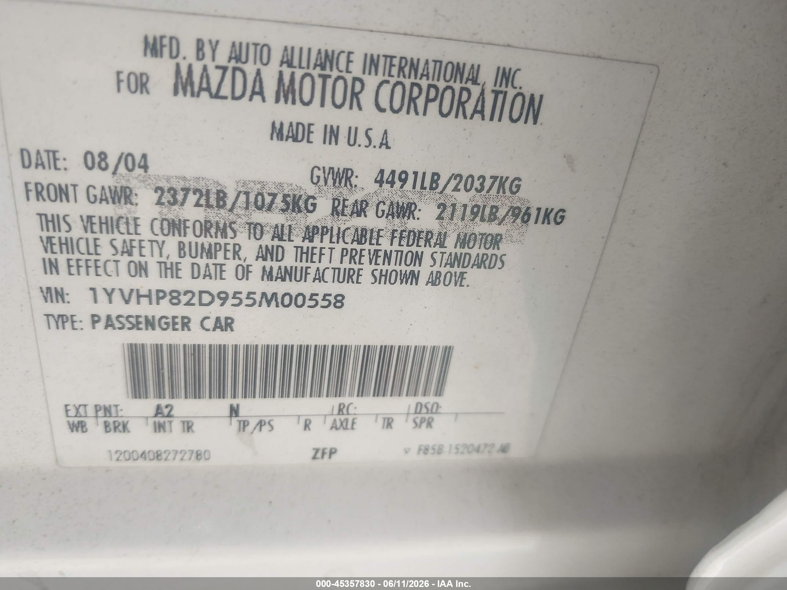 2005 Mazda Mazda6 S Sport White vin: 1YVHP82D955M00558