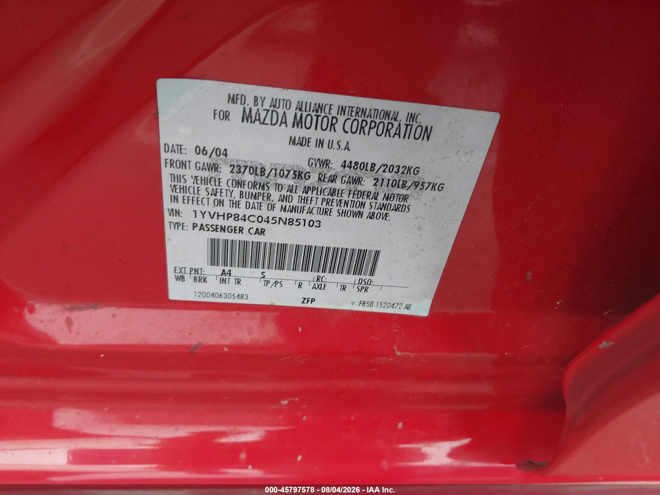 2004 Mazda Mazda6 I Red vin: 1YVHP84C045N85103