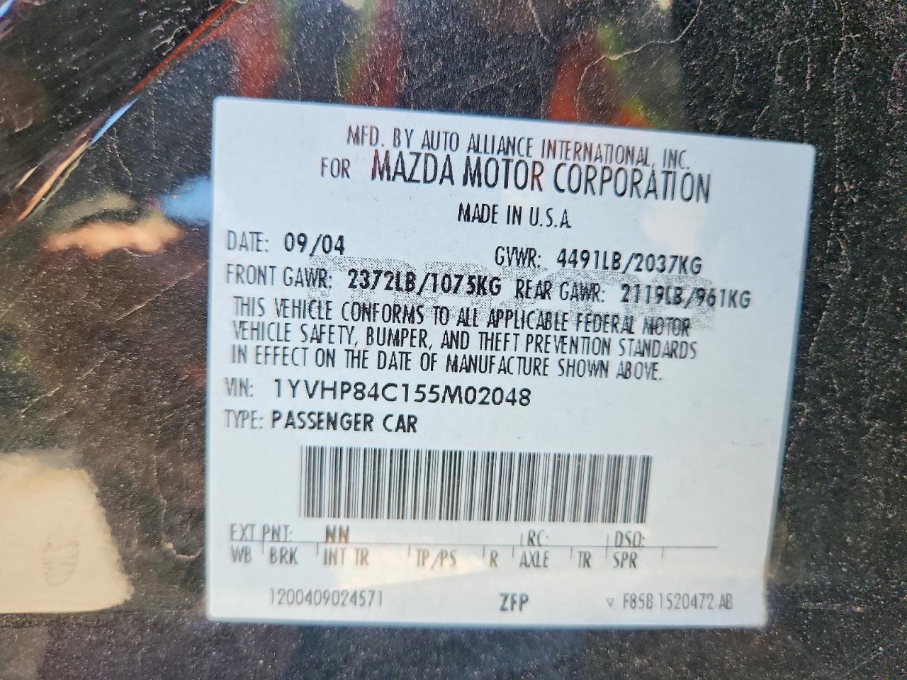2005 Mazda 6 I Black vin: 1YVHP84C155M02048