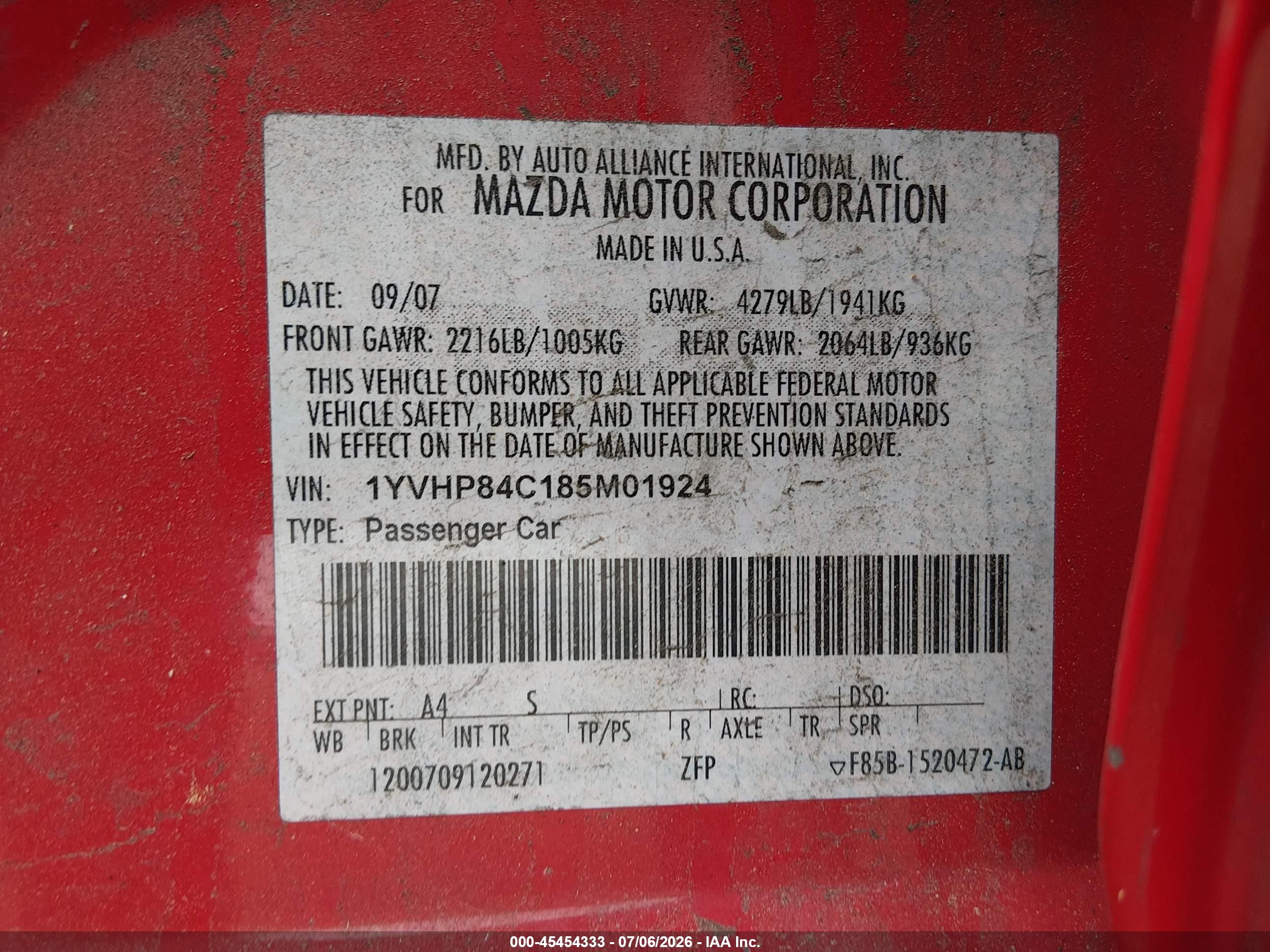 2008 Mazda Mazda6 I Sport Ve Red vin: 1YVHP84C185M01924
