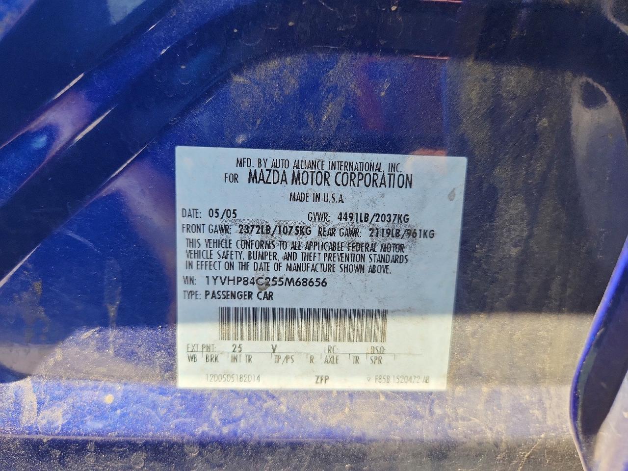 2005 Mazda 6 I Blue vin: 1YVHP84C255M68656