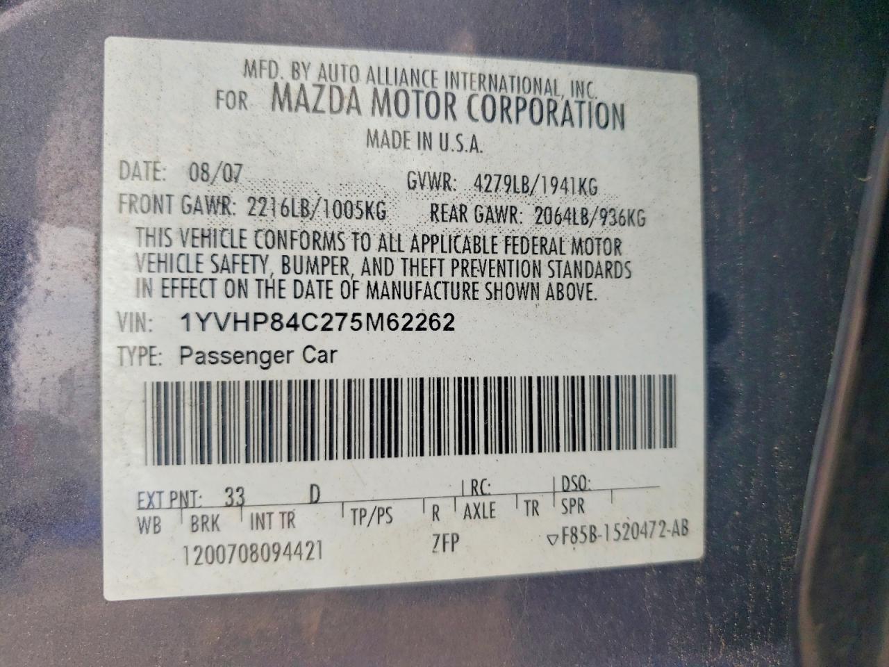2007 Mazda 6 I Charcoal vin: 1YVHP84C275M62262