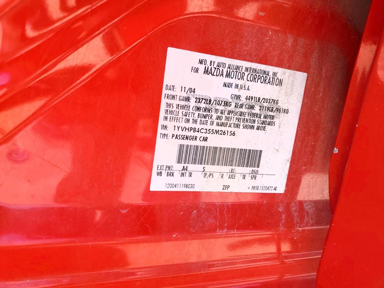 2005 Mazda 6 I Red vin: 1YVHP84C355M26156