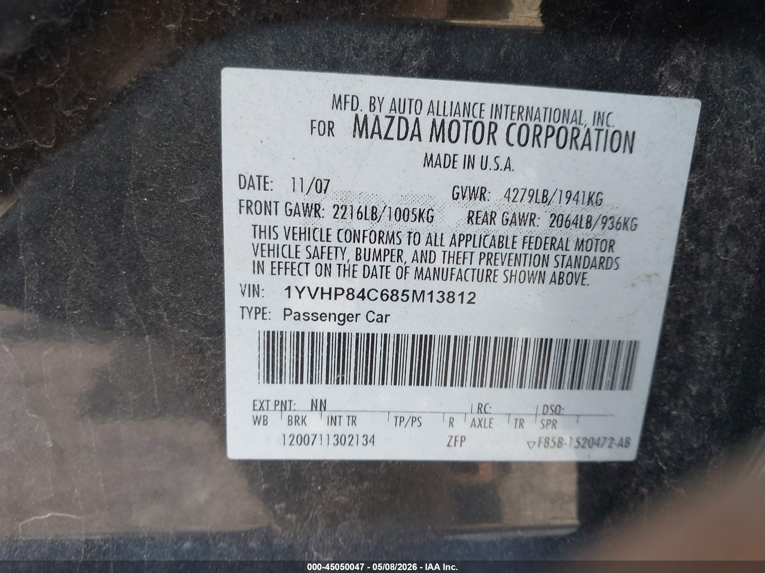 2008 Mazda Mazda6 I Sport Ve Черный vin: 1YVHP84C685M13812