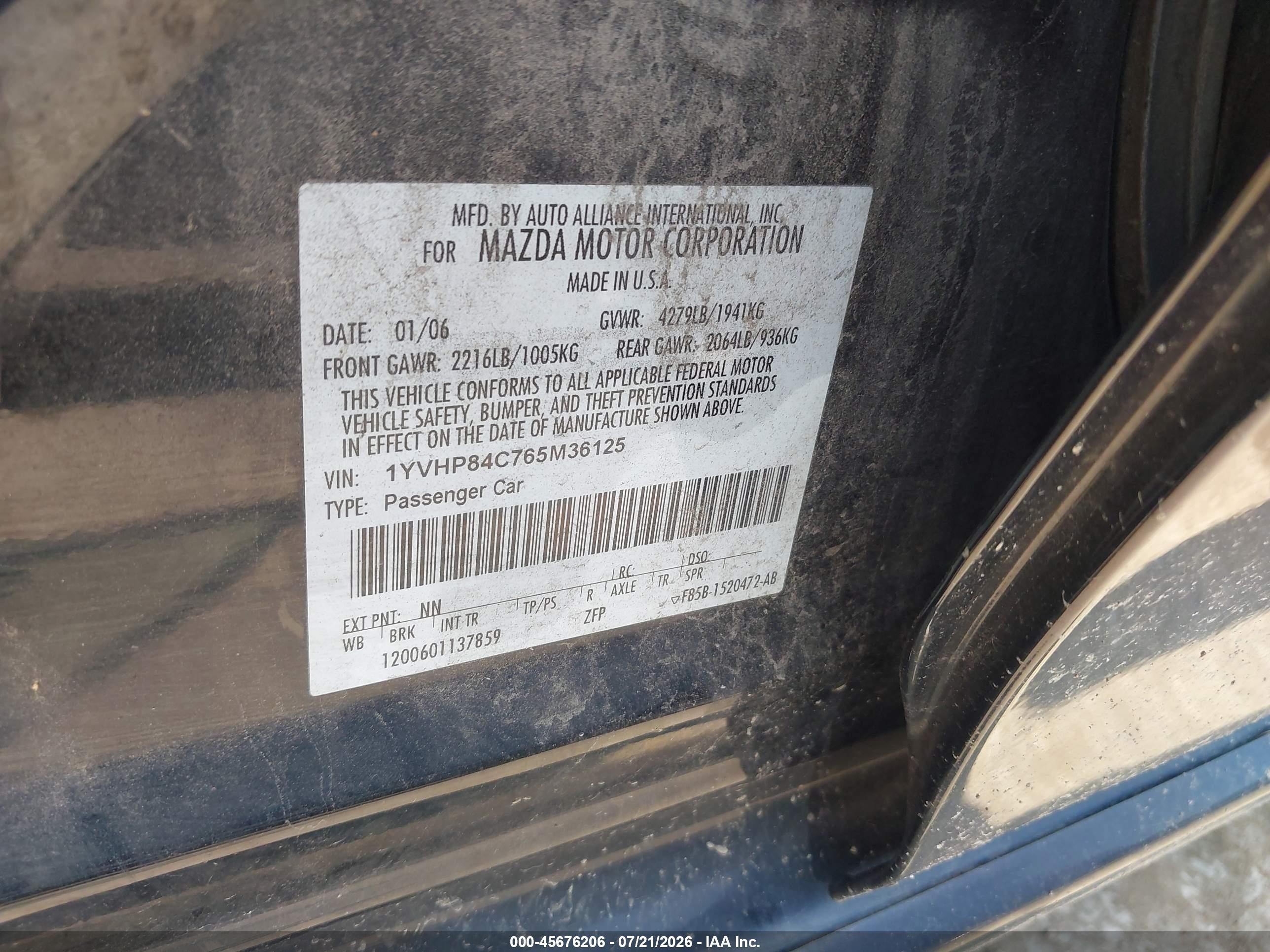 2006 Mazda Mazda6 Sport I Черный vin: 1YVHP84C765M36125