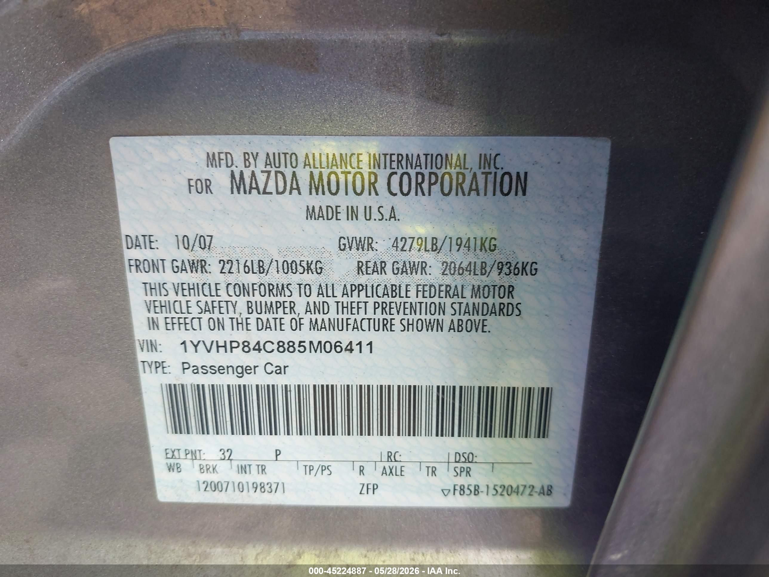 2008 Mazda Mazda6 I Touring Gray vin: 1YVHP84C885M06411