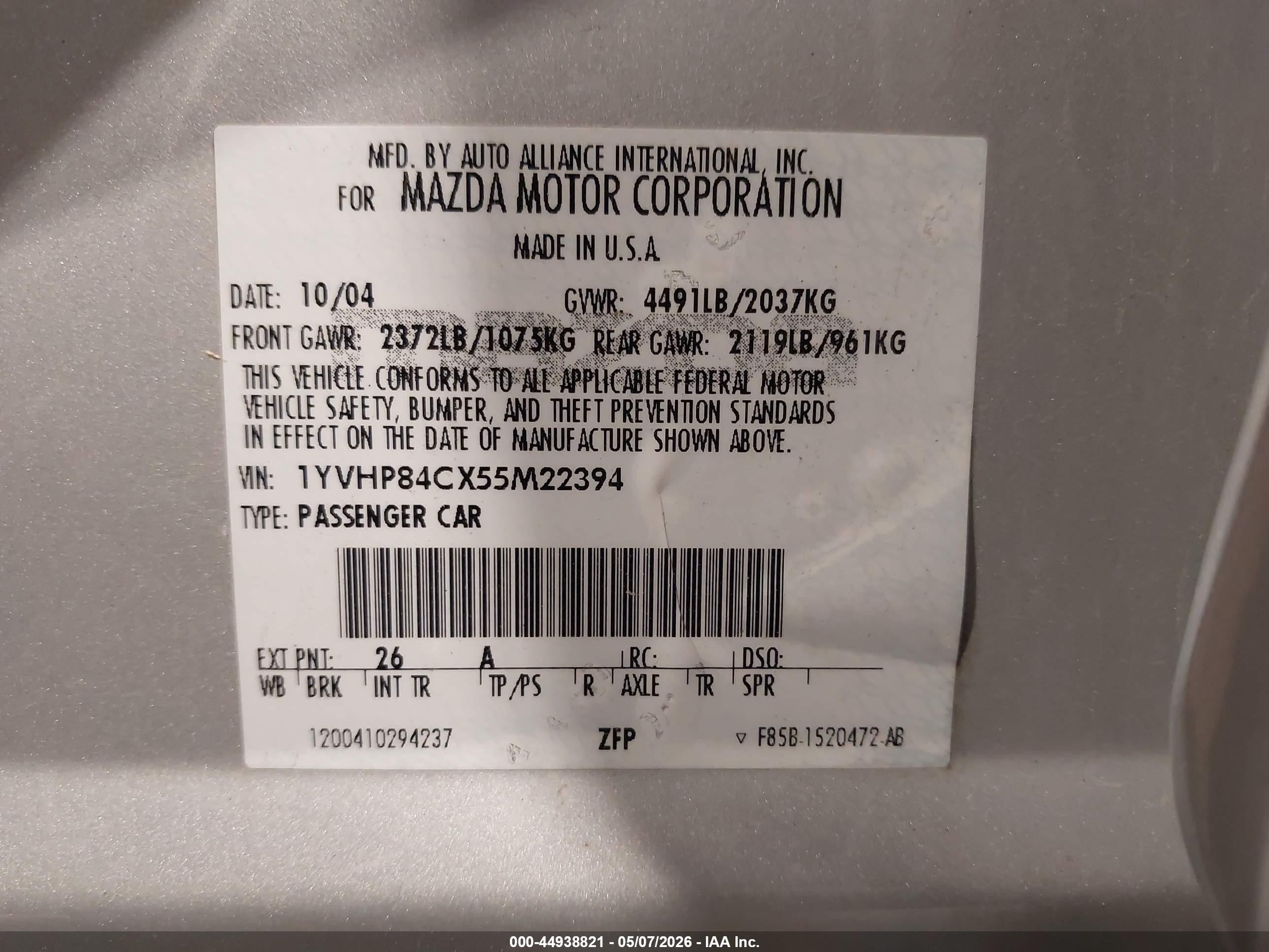 2005 Mazda Mazda6 I Sport Silver vin: 1YVHP84CX55M22394