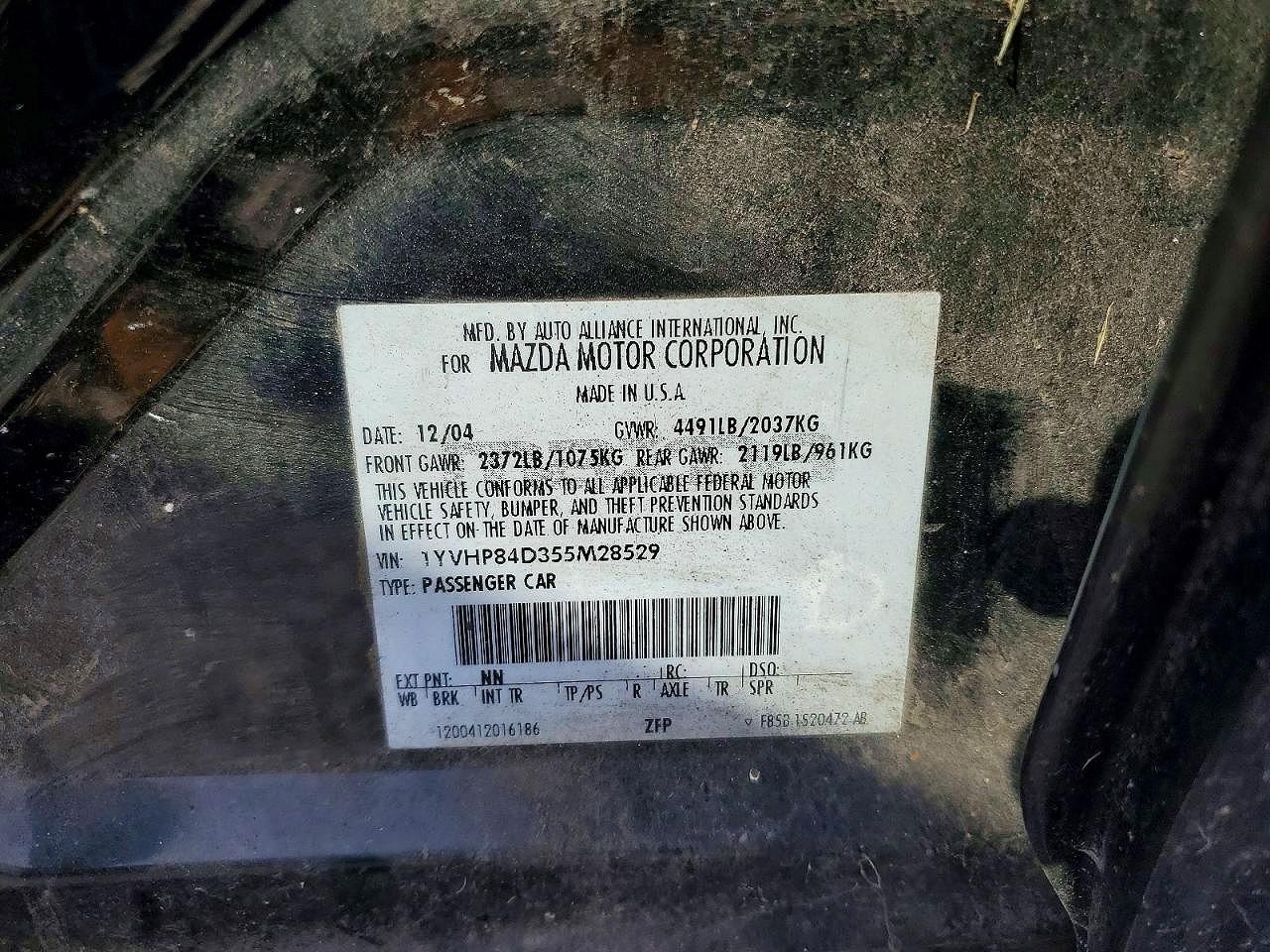 2005 Mazda 6 S Black vin: 1YVHP84D355M28529