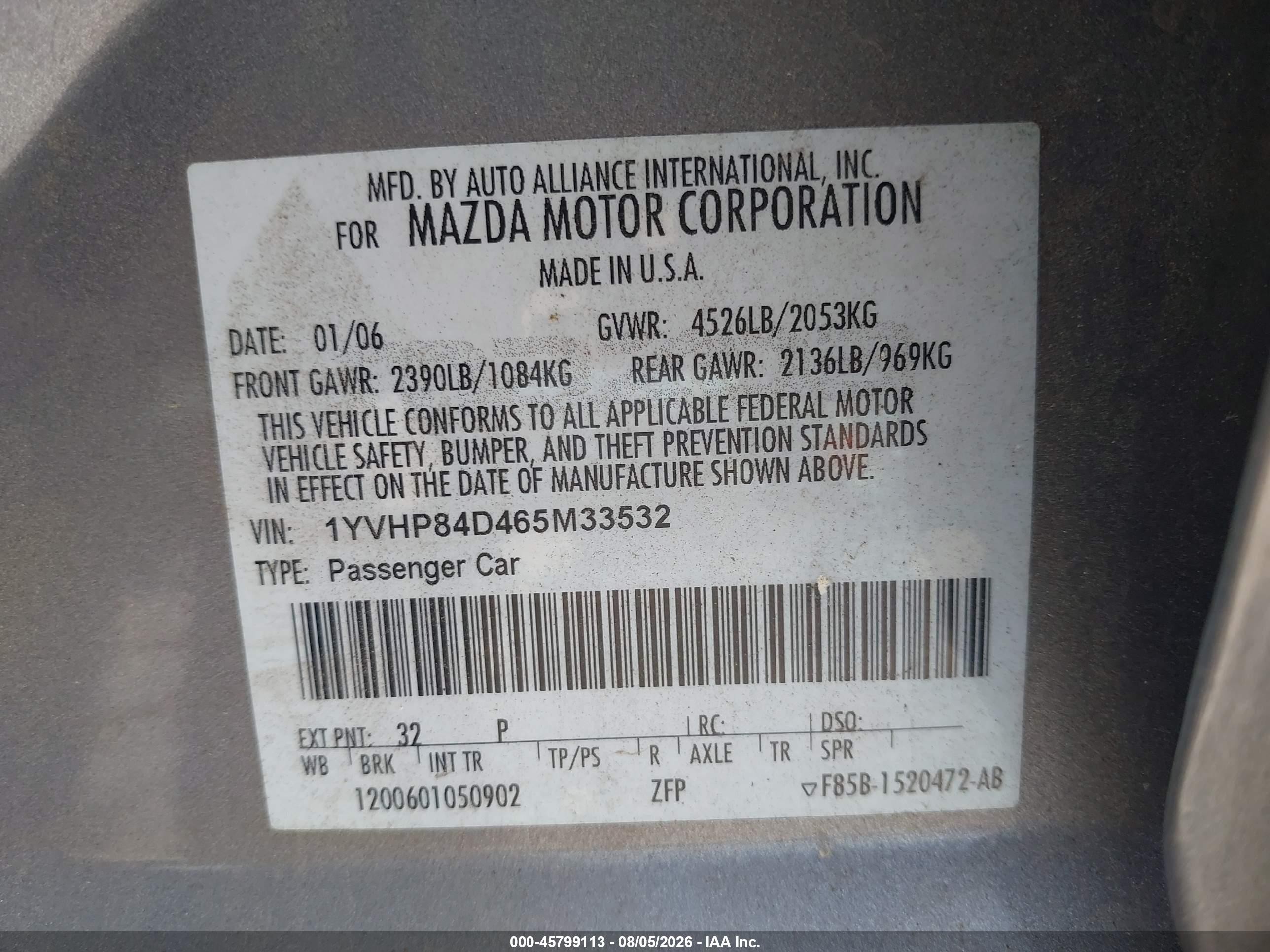 2006 Mazda Mazda6 Sport S Silver vin: 1YVHP84D465M33532