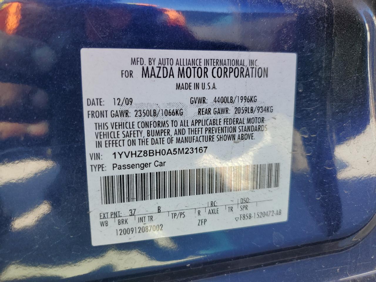 2010 Mazda 6 I Blue vin: 1YVHZ8BH0A5M23167