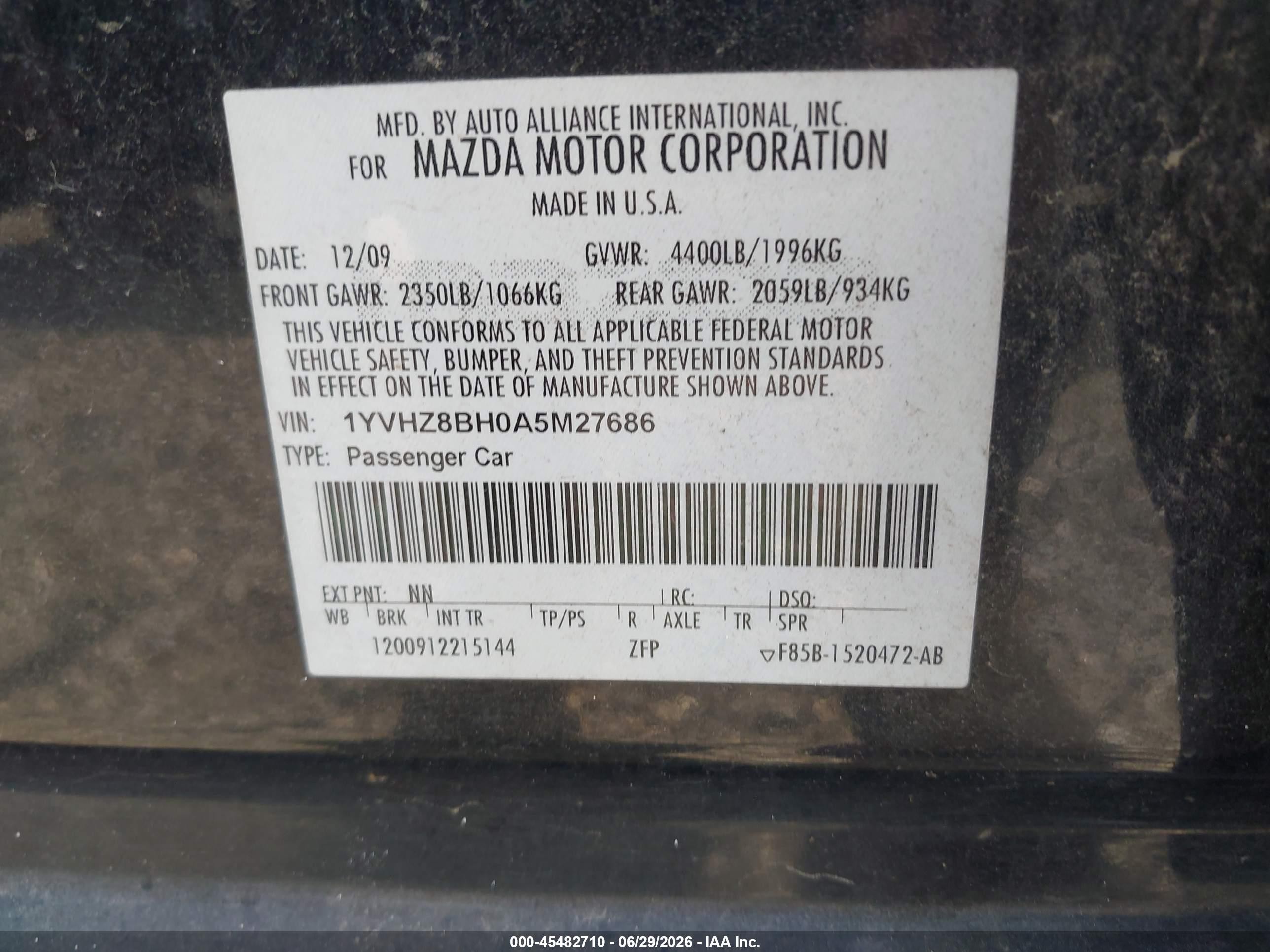 2010 Mazda Mazda6 I Sport Black vin: 1YVHZ8BH0A5M27686