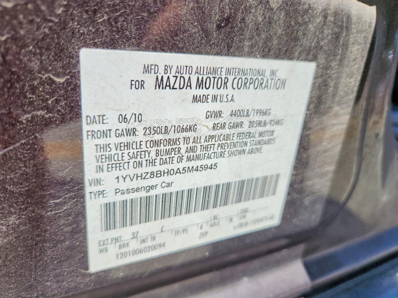 2010 Mazda 6 Фиолетовый vin: 1YVHZ8BH0A5M45945