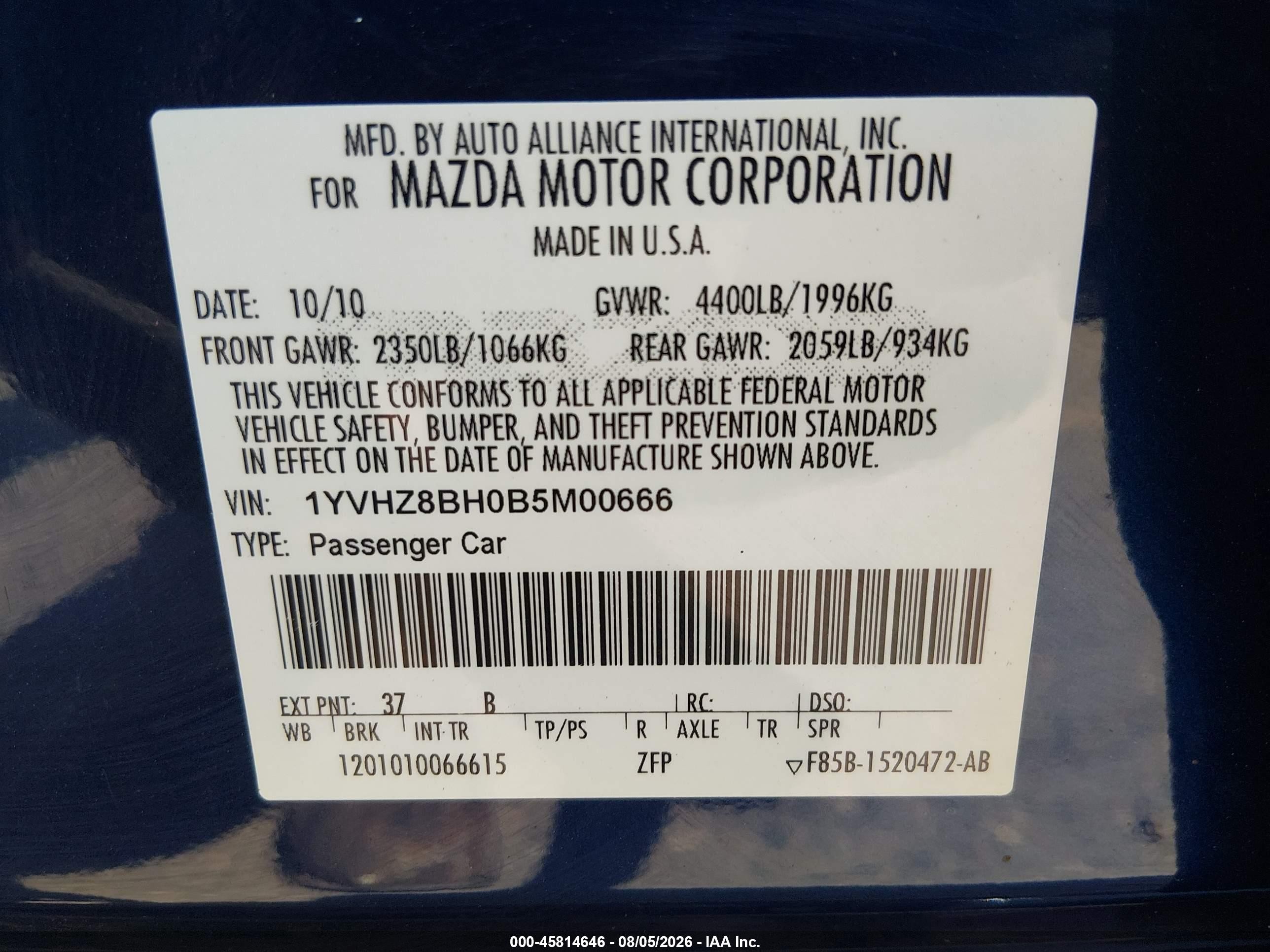 2011 Mazda Mazda6 I Sport Blue vin: 1YVHZ8BH0B5M00666