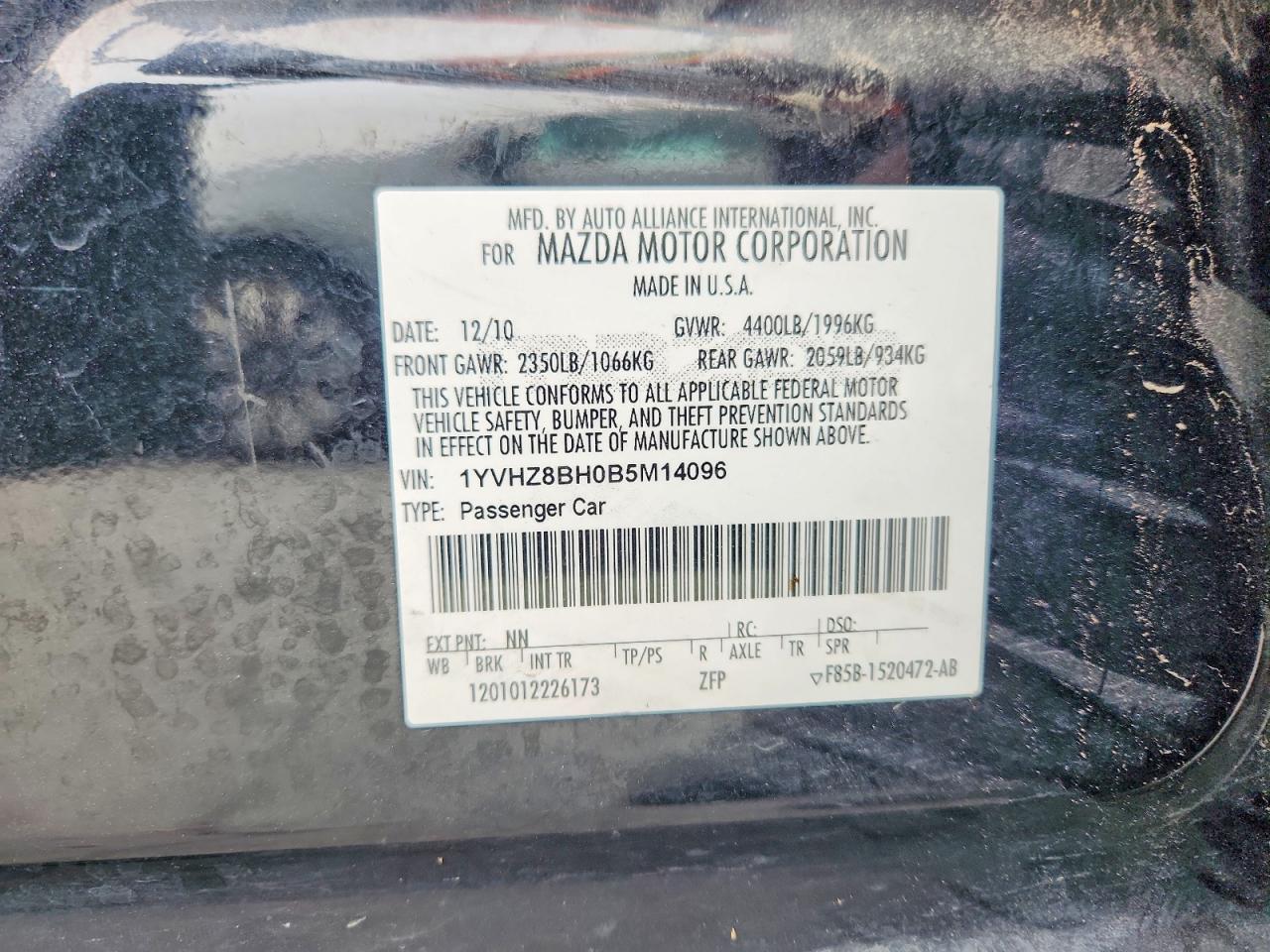 2011 Mazda 6 I Black vin: 1YVHZ8BH0B5M14096