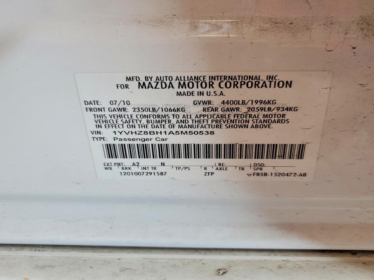2010 Mazda 6 I White vin: 1YVHZ8BH1A5M50538