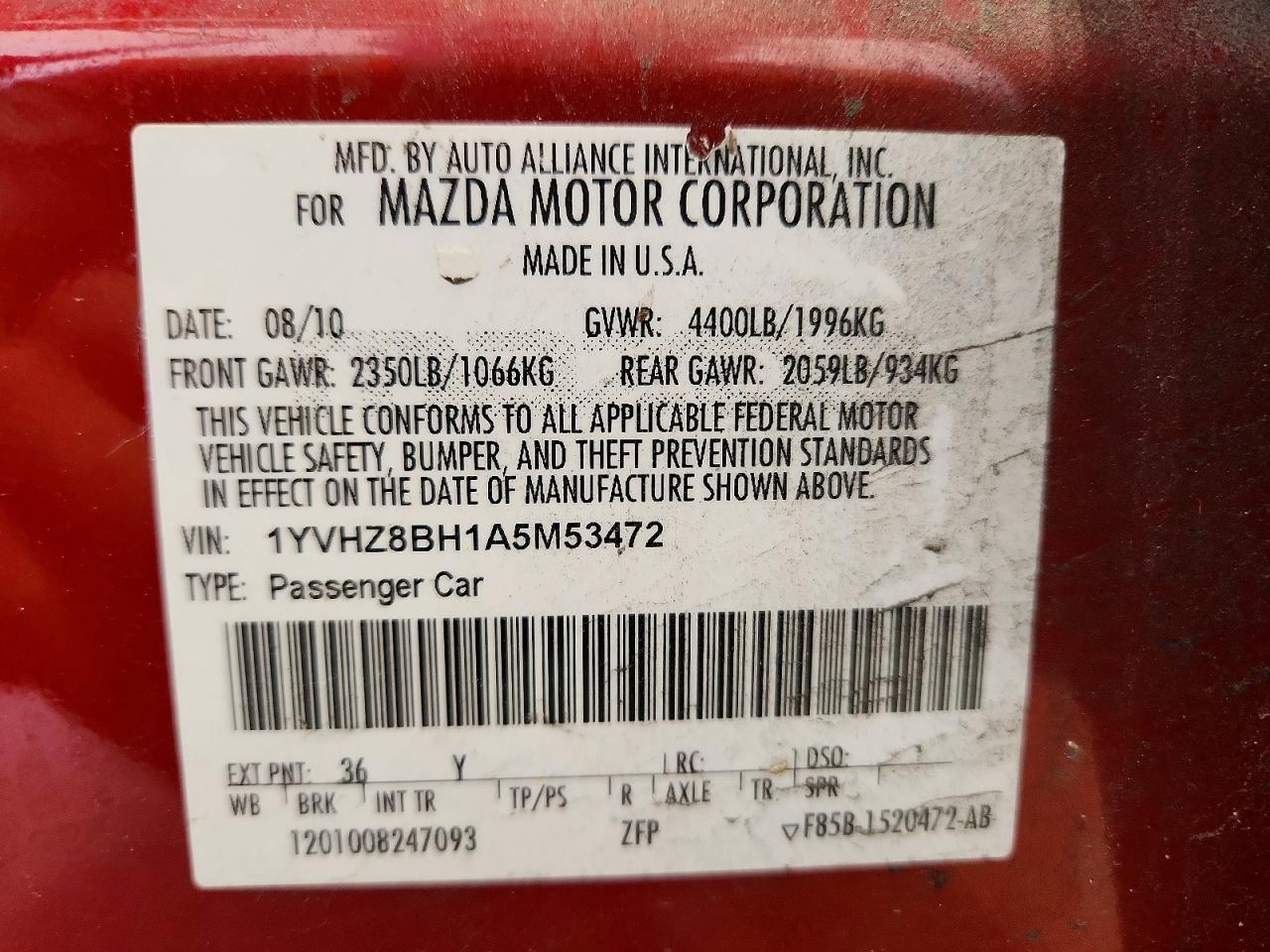 2010 Mazda 6 I Red vin: 1YVHZ8BH1A5M53472