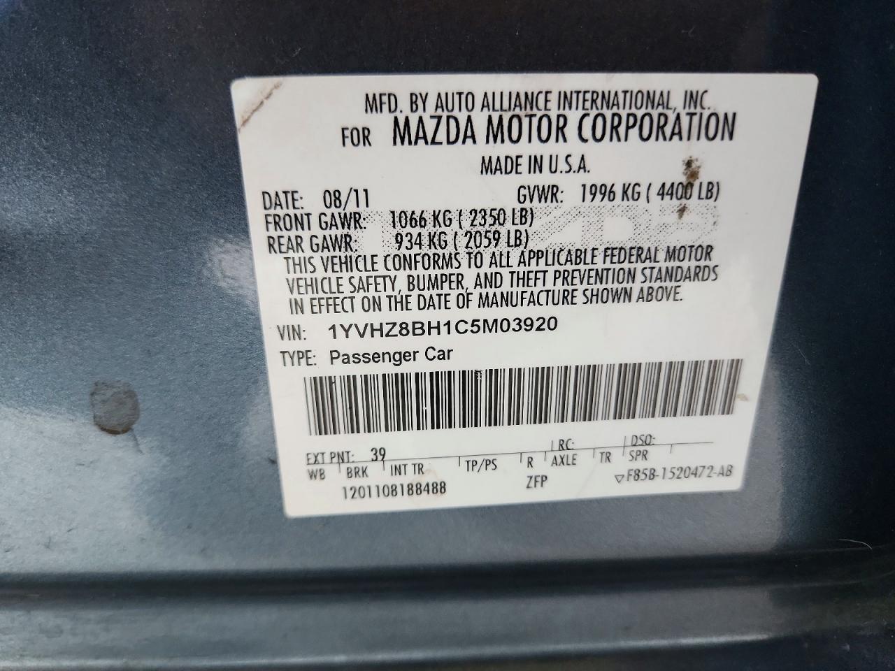 2012 Mazda 6 I Teal vin: 1YVHZ8BH1C5M03920