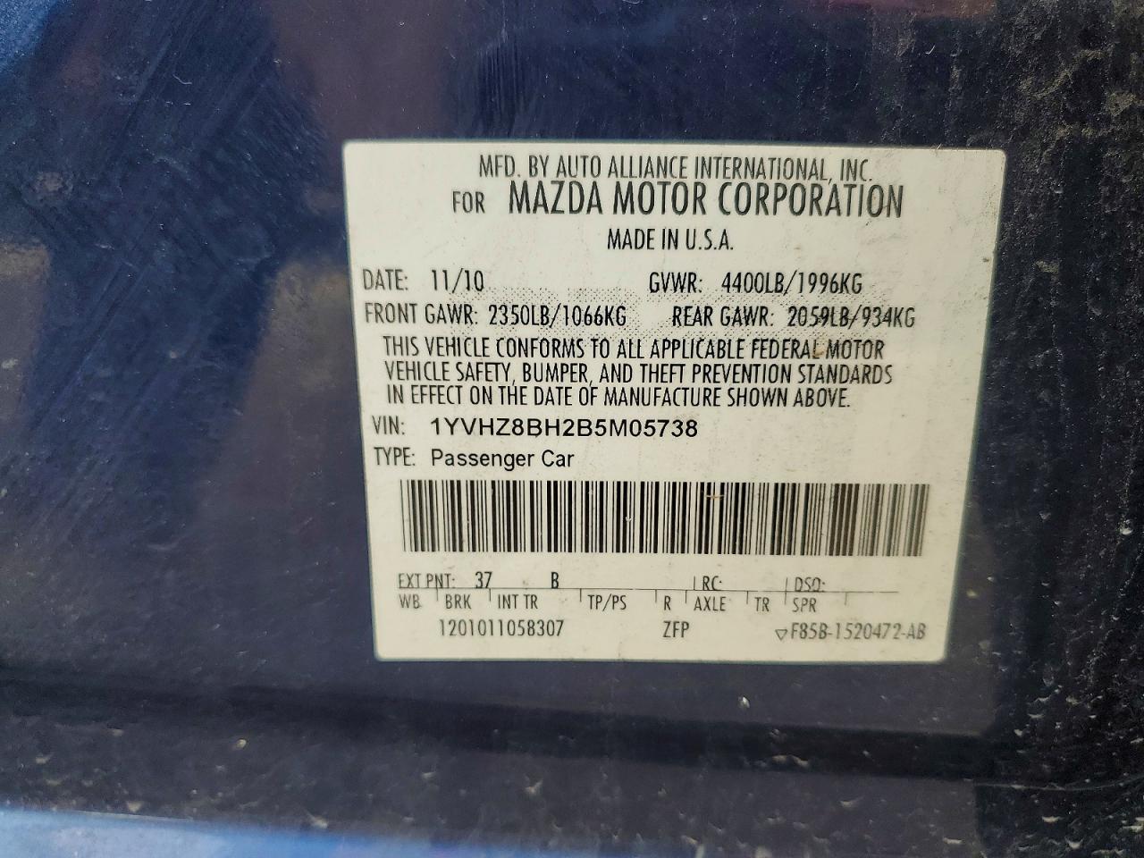 2011 Mazda 6 I Blue vin: 1YVHZ8BH2B5M05738
