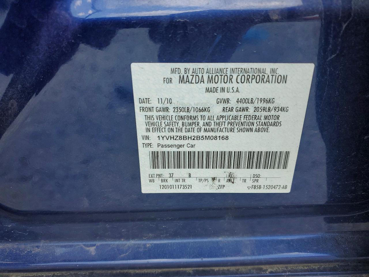 2011 Mazda 6 I Blue vin: 1YVHZ8BH2B5M08168