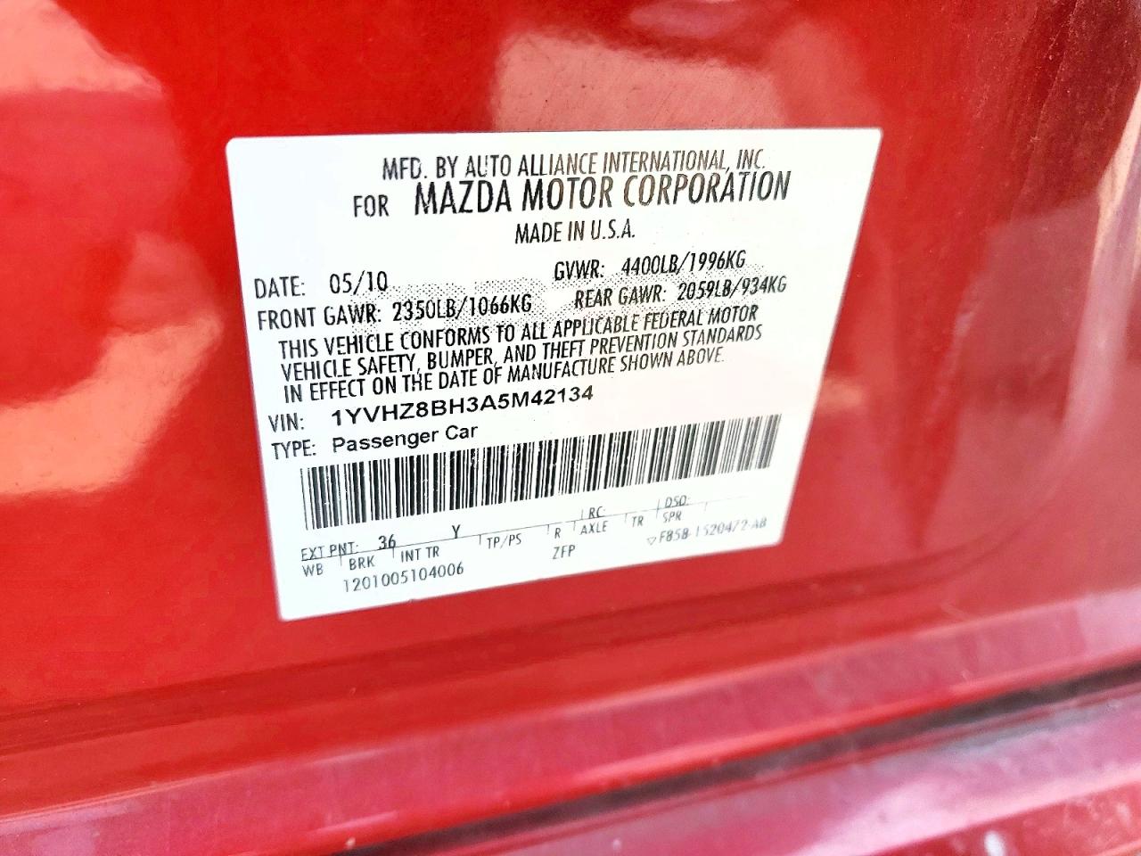 2010 Mazda 6 I Burgundy vin: 1YVHZ8BH3A5M42134