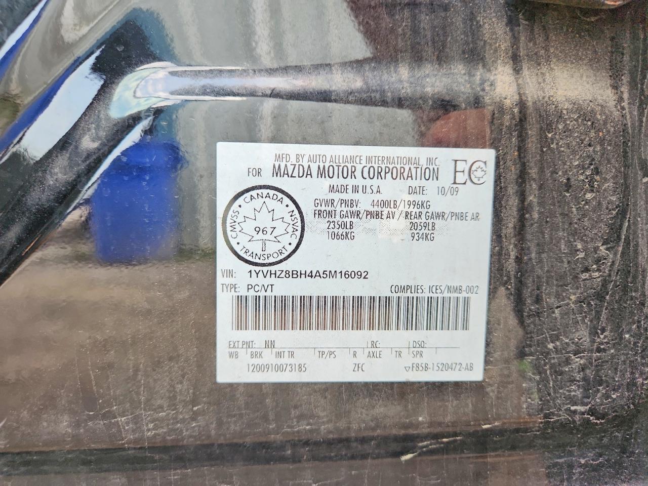 2010 Mazda 6 I Black vin: 1YVHZ8BH4A5M16092