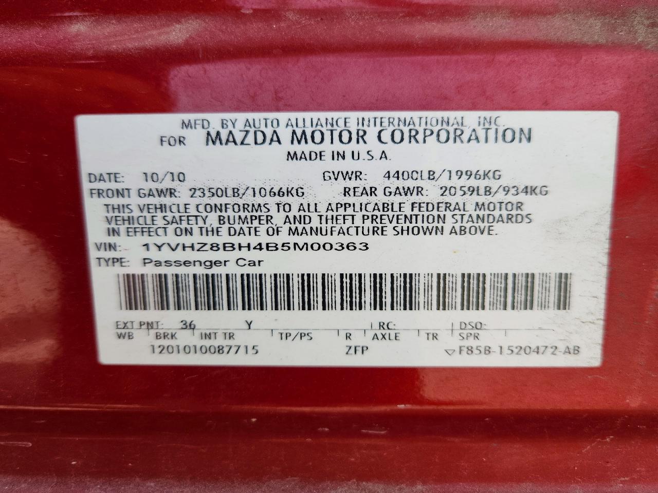 2011 Mazda 6 I Red vin: 1YVHZ8BH4B5M00363