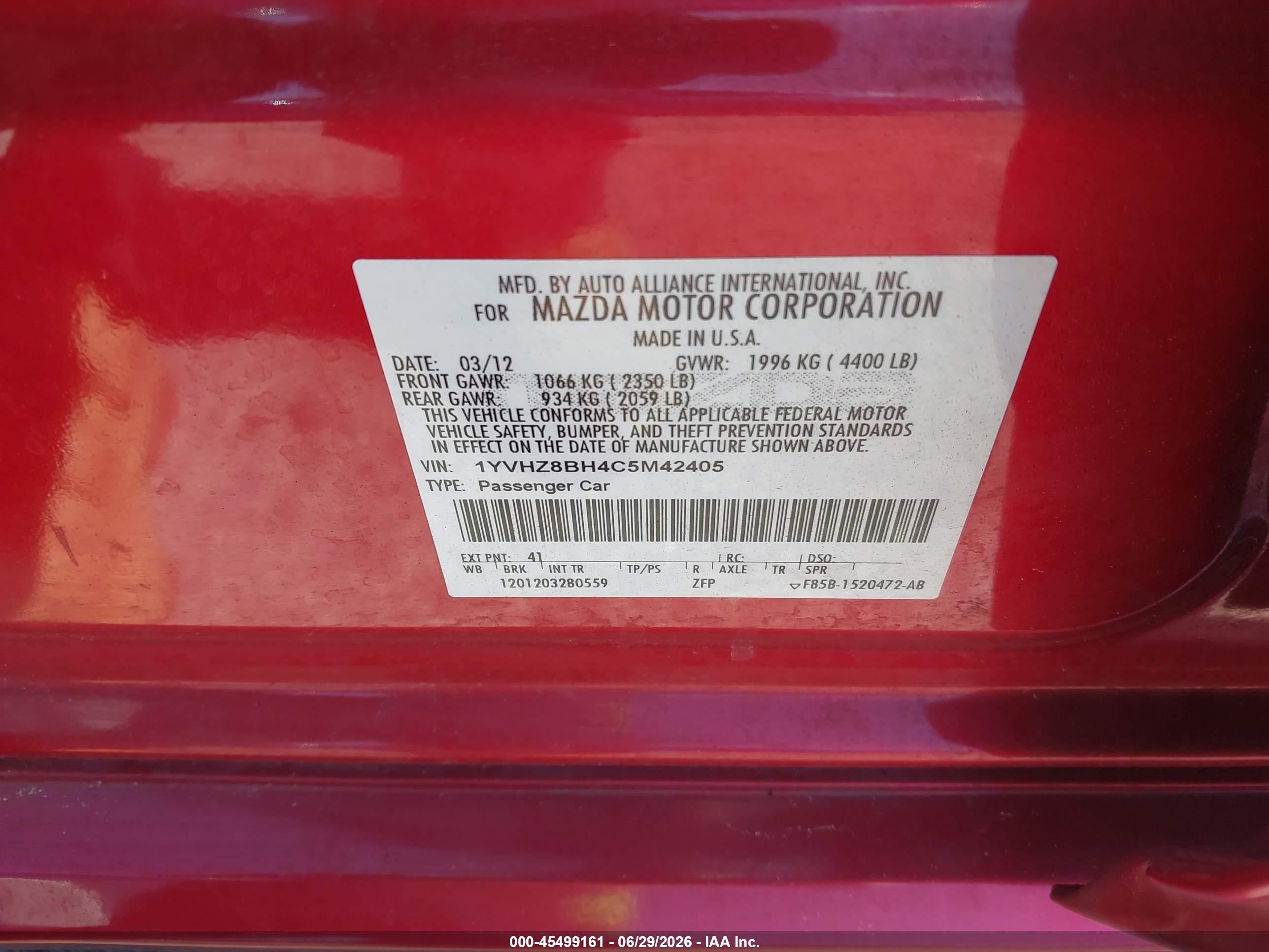 2012 Mazda Mazda6 I Sport Red vin: 1YVHZ8BH4C5M42405