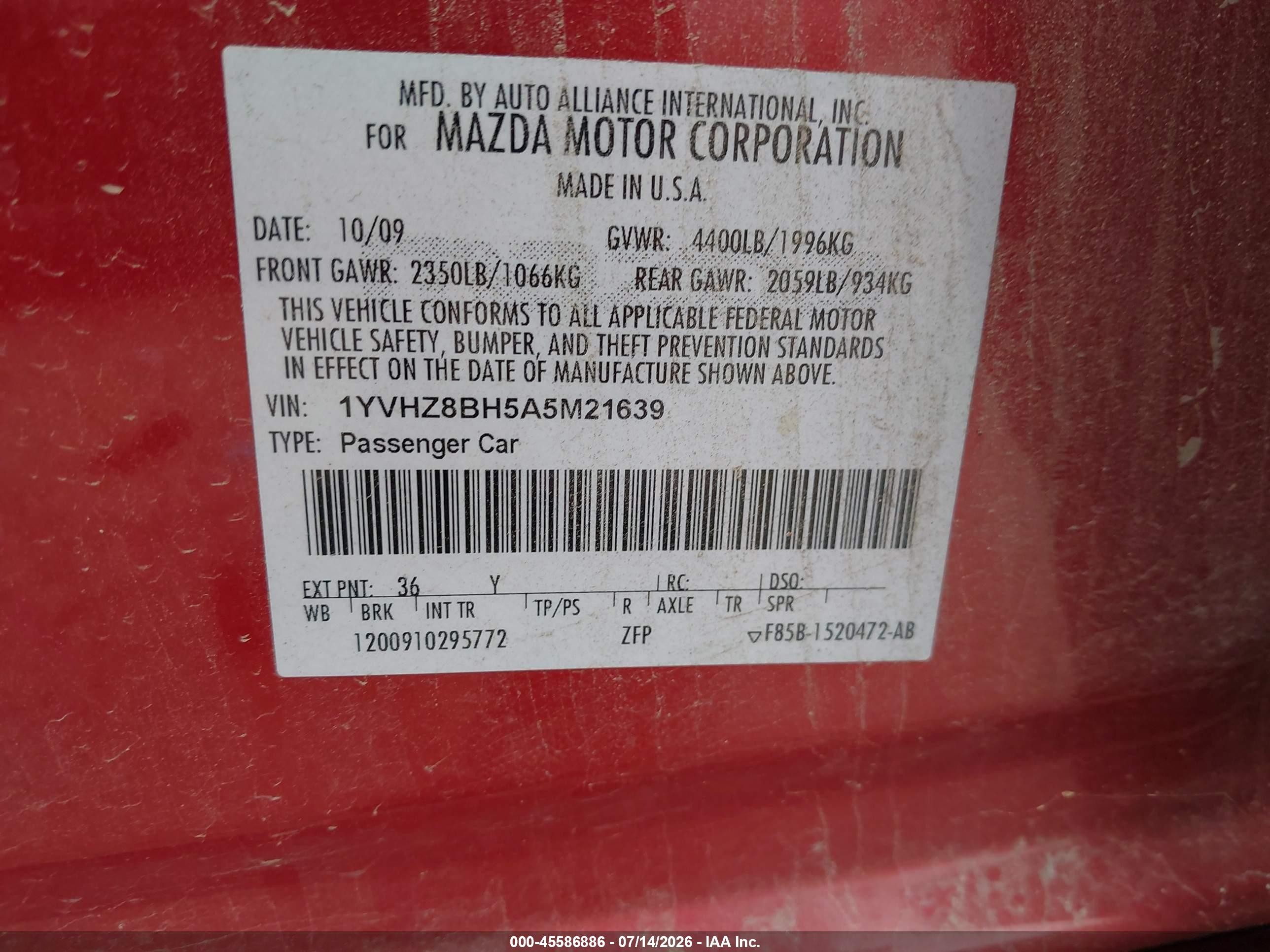 2010 Mazda Mazda6 I Sport Red vin: 1YVHZ8BH5A5M21639