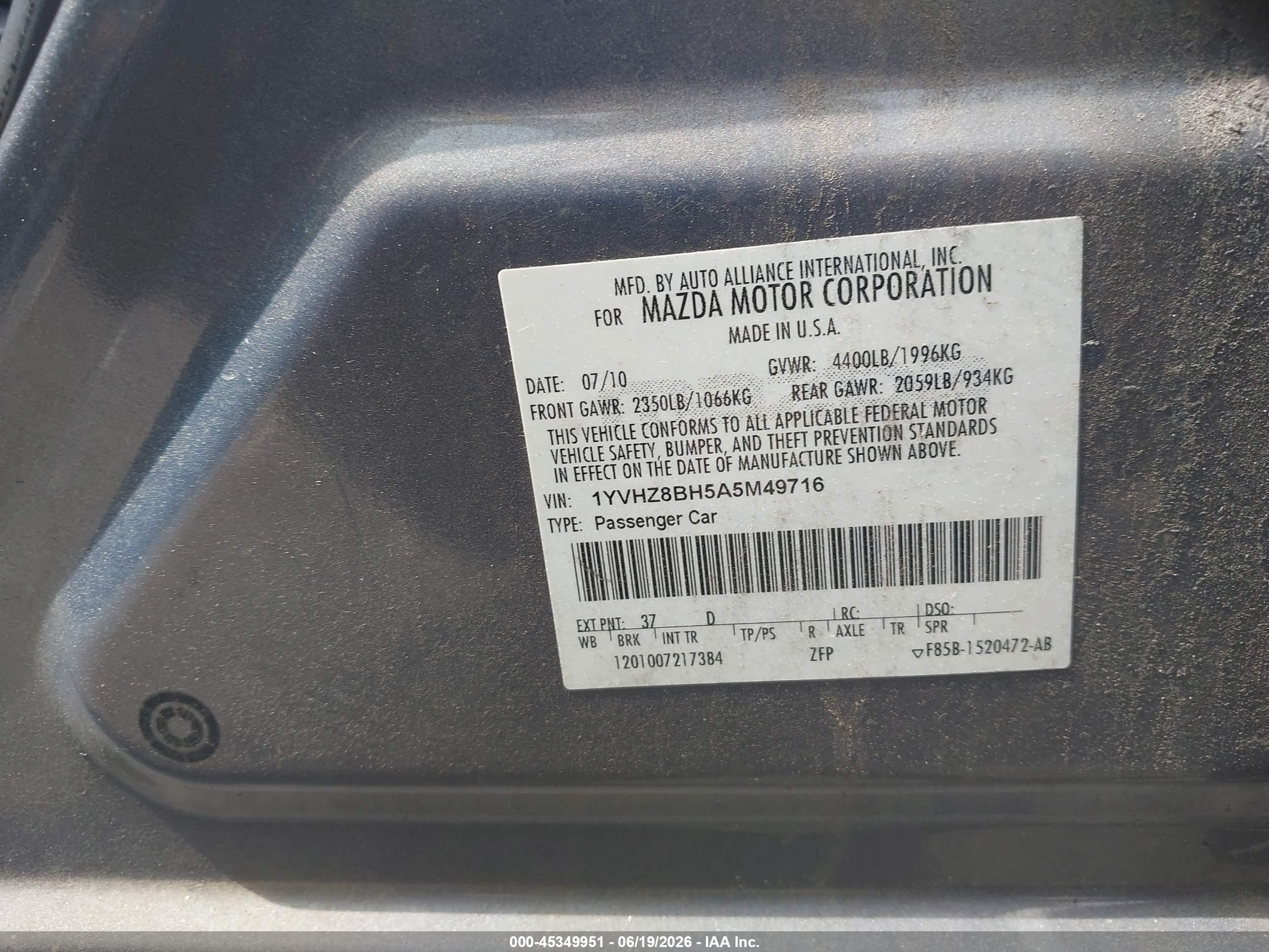 2010 Mazda Mazda6 I Sport Blue vin: 1YVHZ8BH5A5M49716