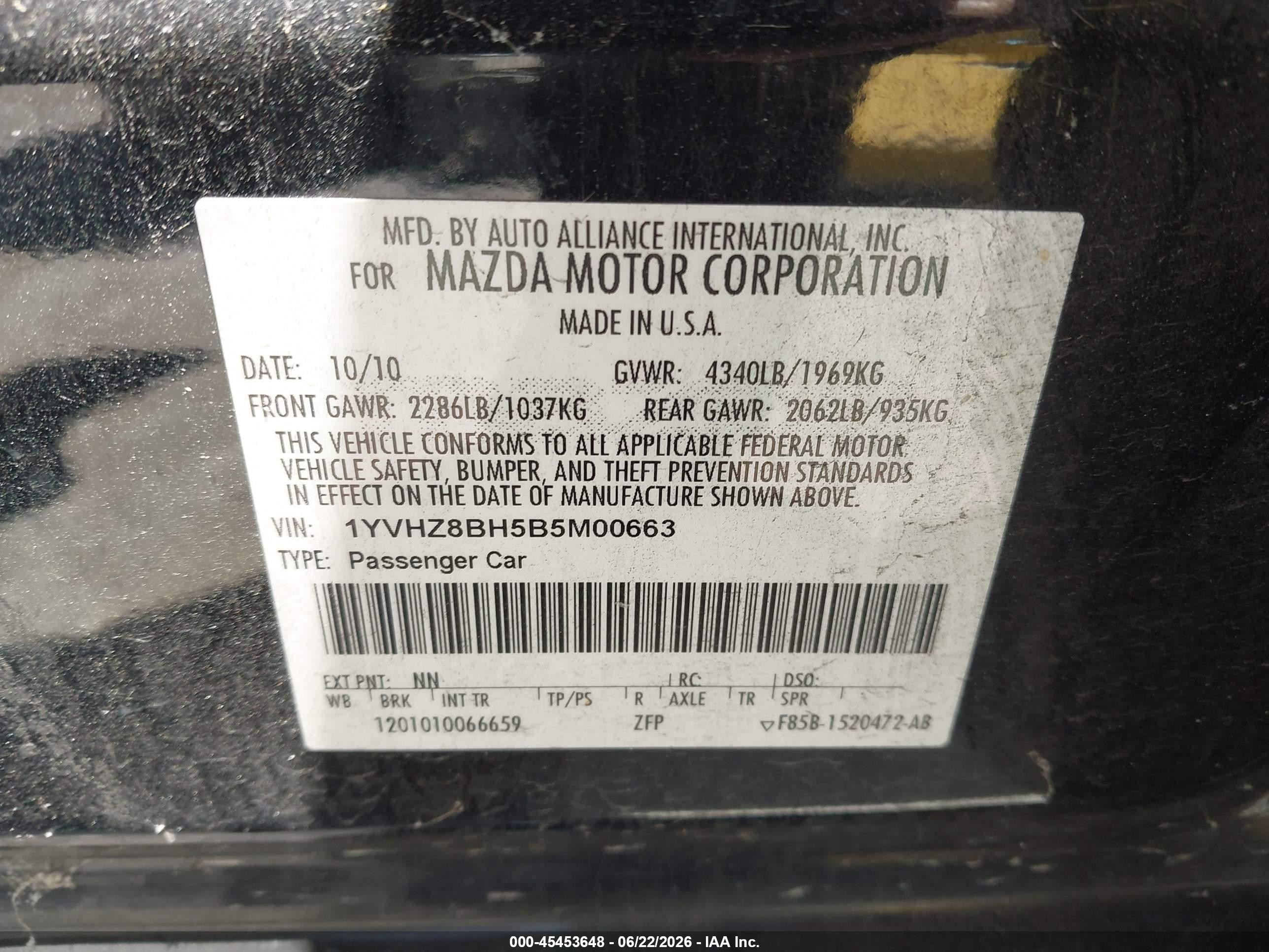 2011 Mazda Mazda6 I Sport Black vin: 1YVHZ8BH5B5M00663