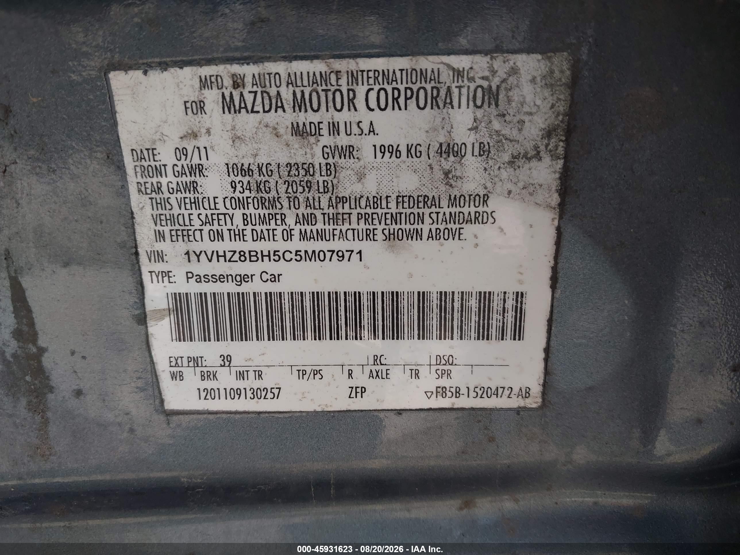 2012 Mazda Mazda6 I Sport Blue vin: 1YVHZ8BH5C5M07971