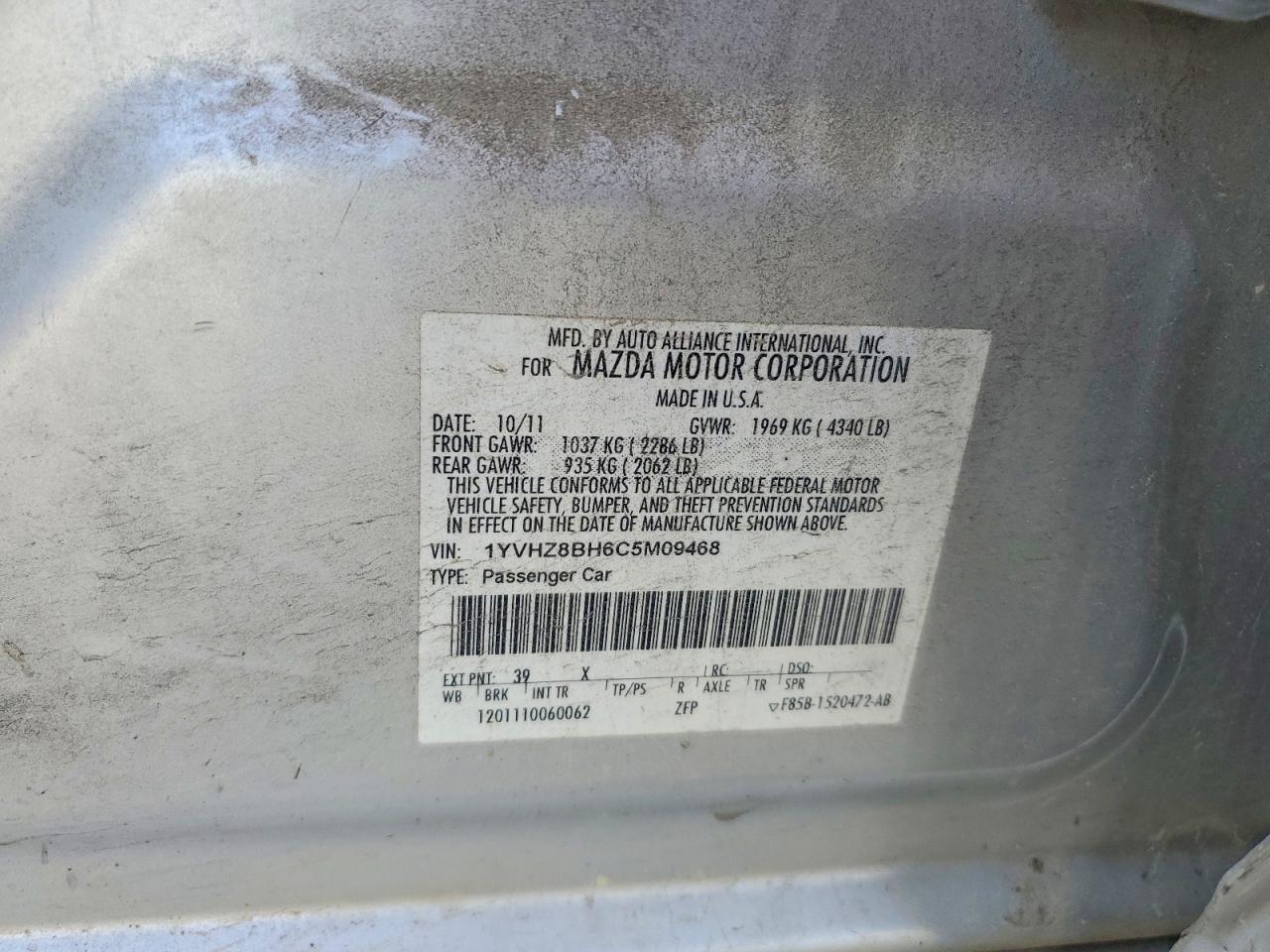 2012 Mazda 6 I White vin: 1YVHZ8BH6C5M09468
