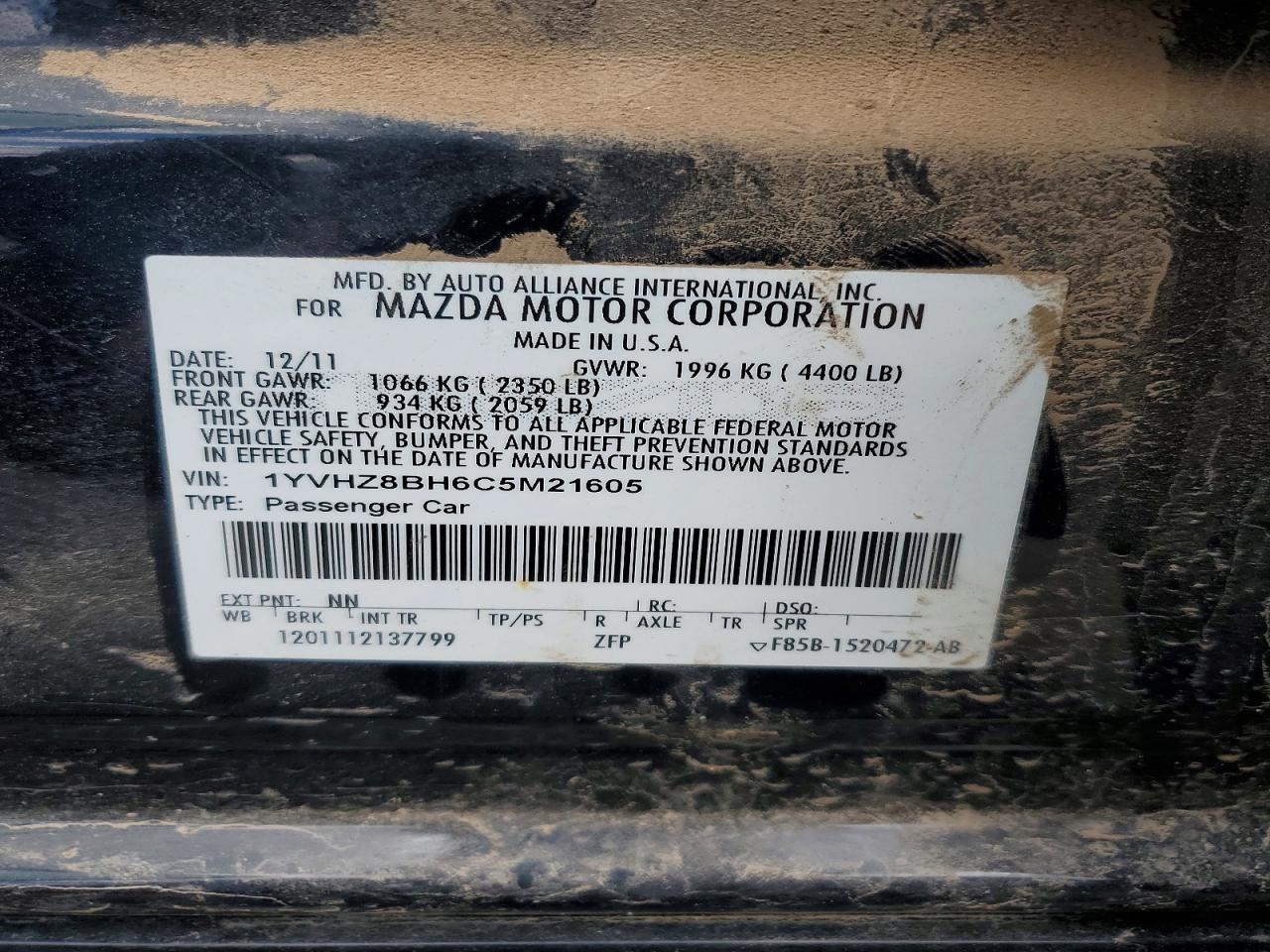 2012 Mazda 6 I Black vin: 1YVHZ8BH6C5M21605