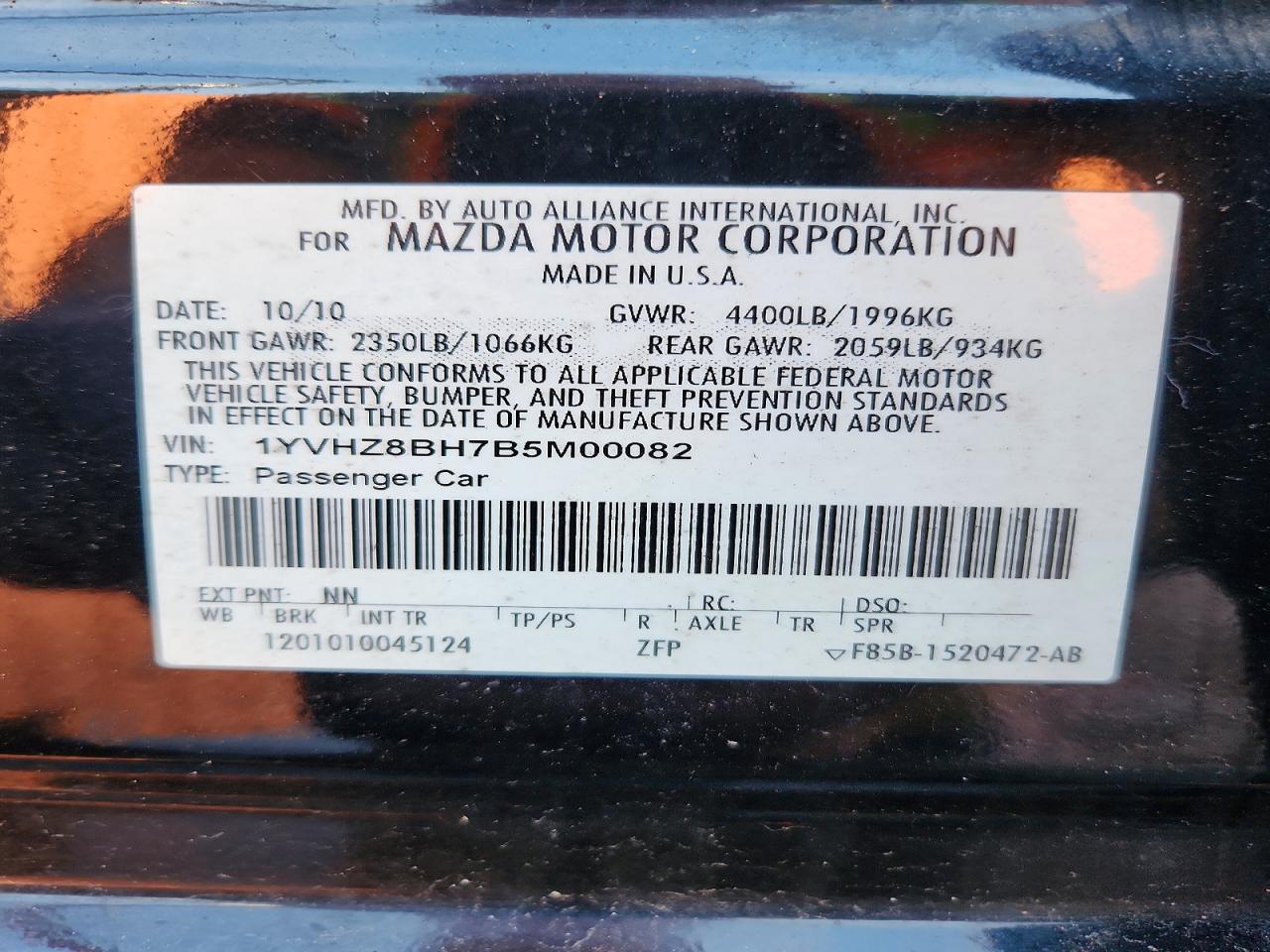 2011 Mazda 6 I Черный vin: 1YVHZ8BH7B5M00082