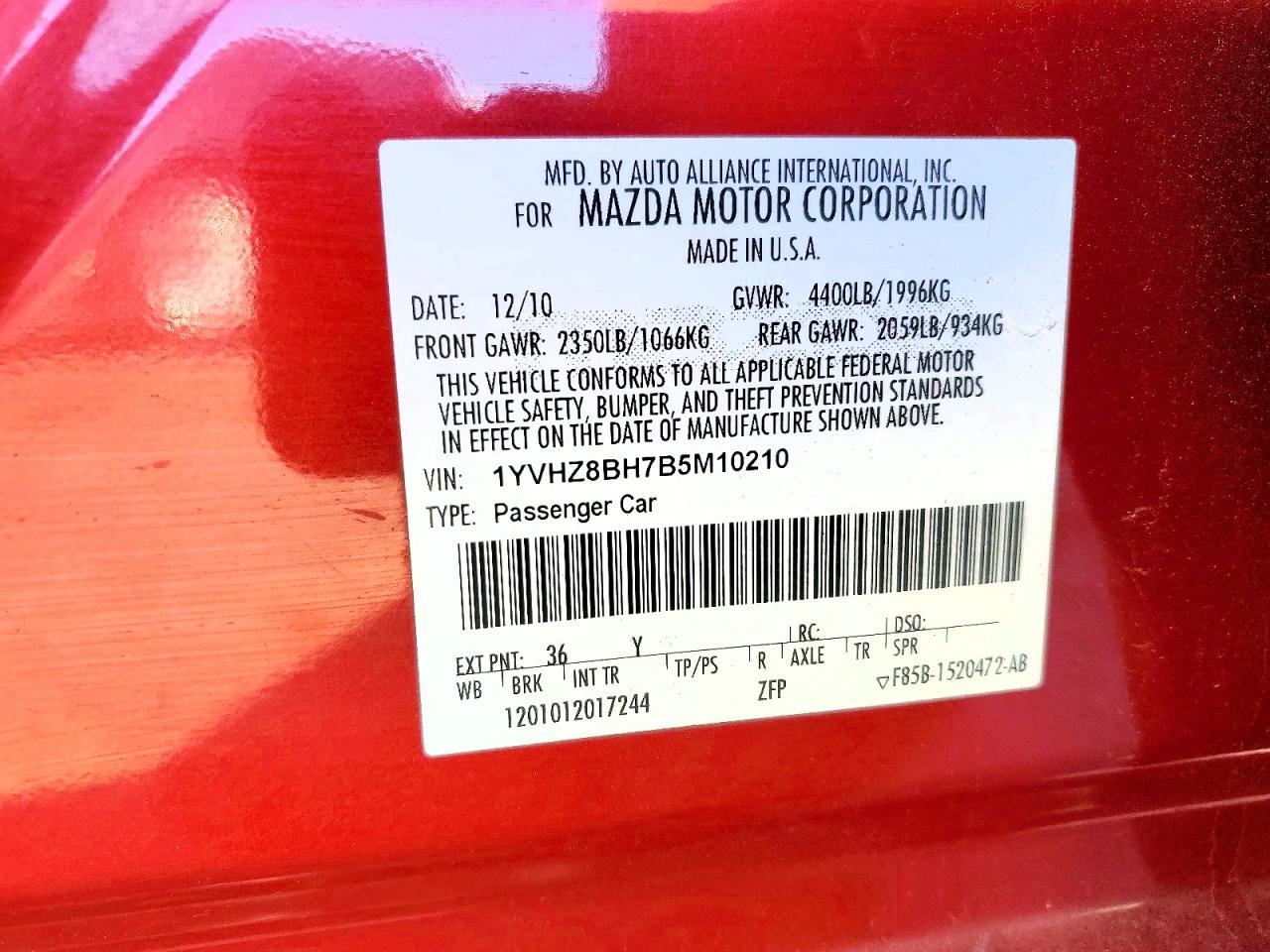 2011 Mazda 6 I Red vin: 1YVHZ8BH7B5M10210