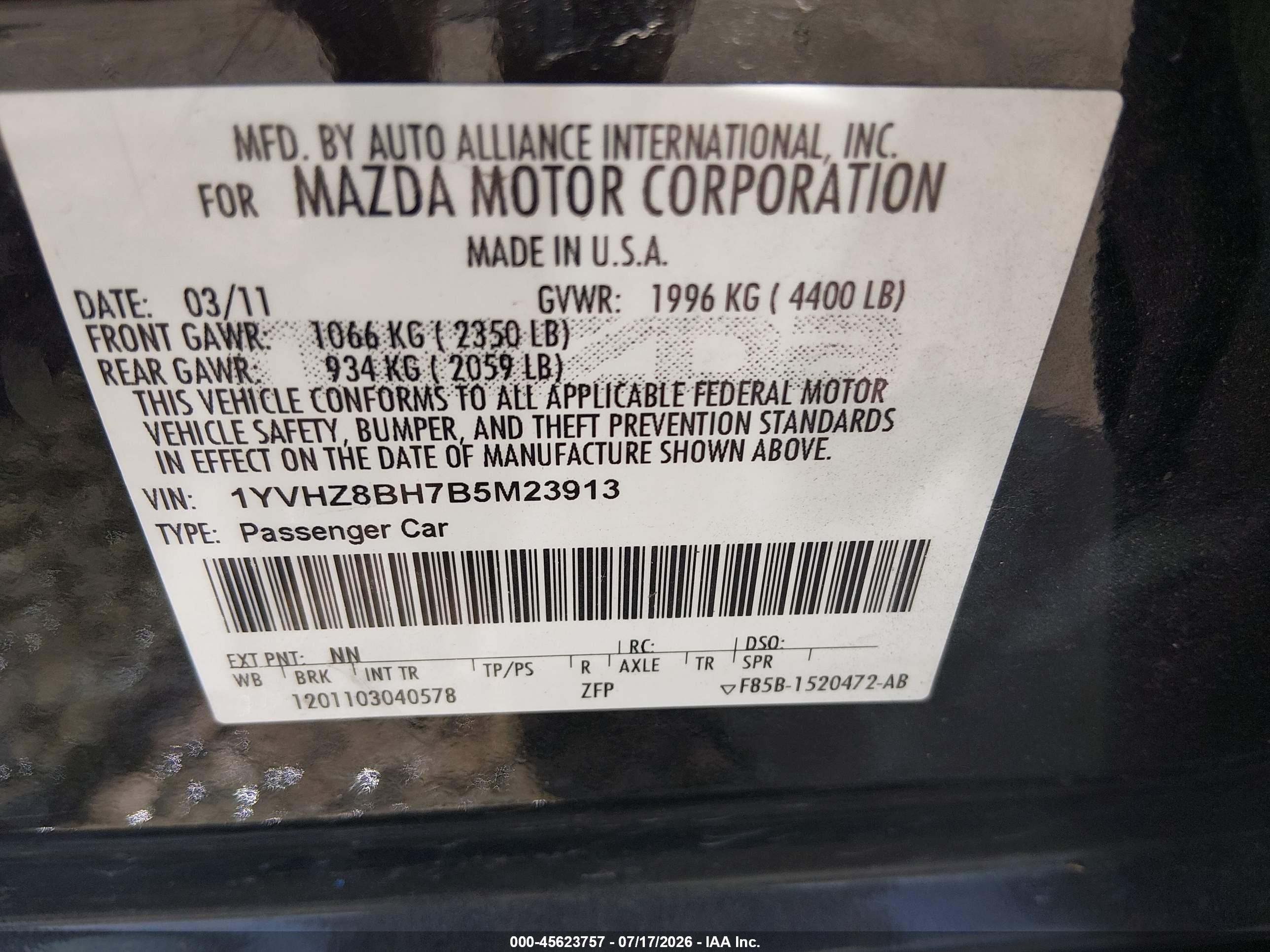 2011 Mazda Mazda6 I Sport Black vin: 1YVHZ8BH7B5M23913