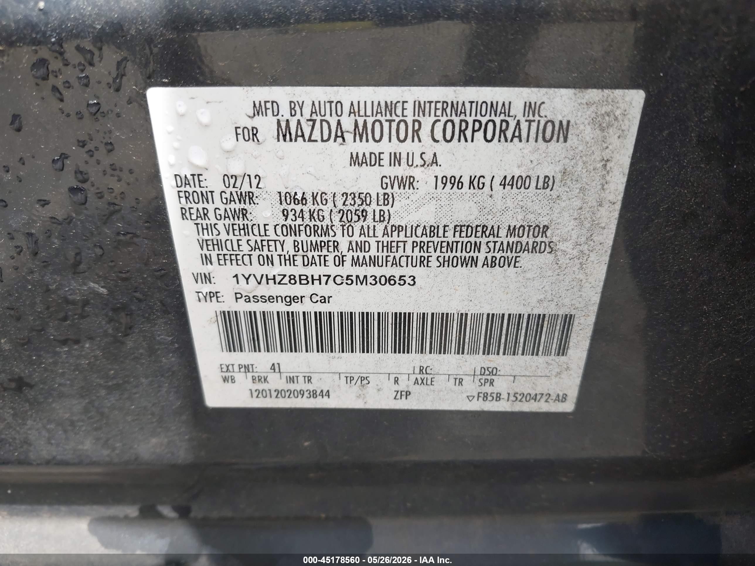 2012 Mazda Mazda6 I Sport Black vin: 1YVHZ8BH7C5M30653
