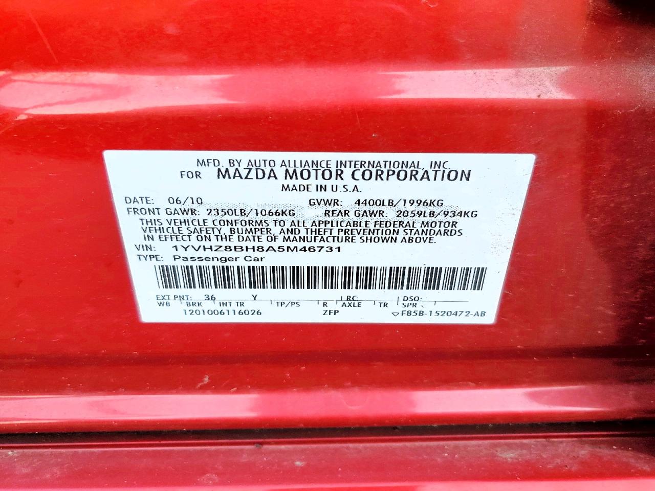 2010 Mazda 6 I Red vin: 1YVHZ8BH8A5M46731
