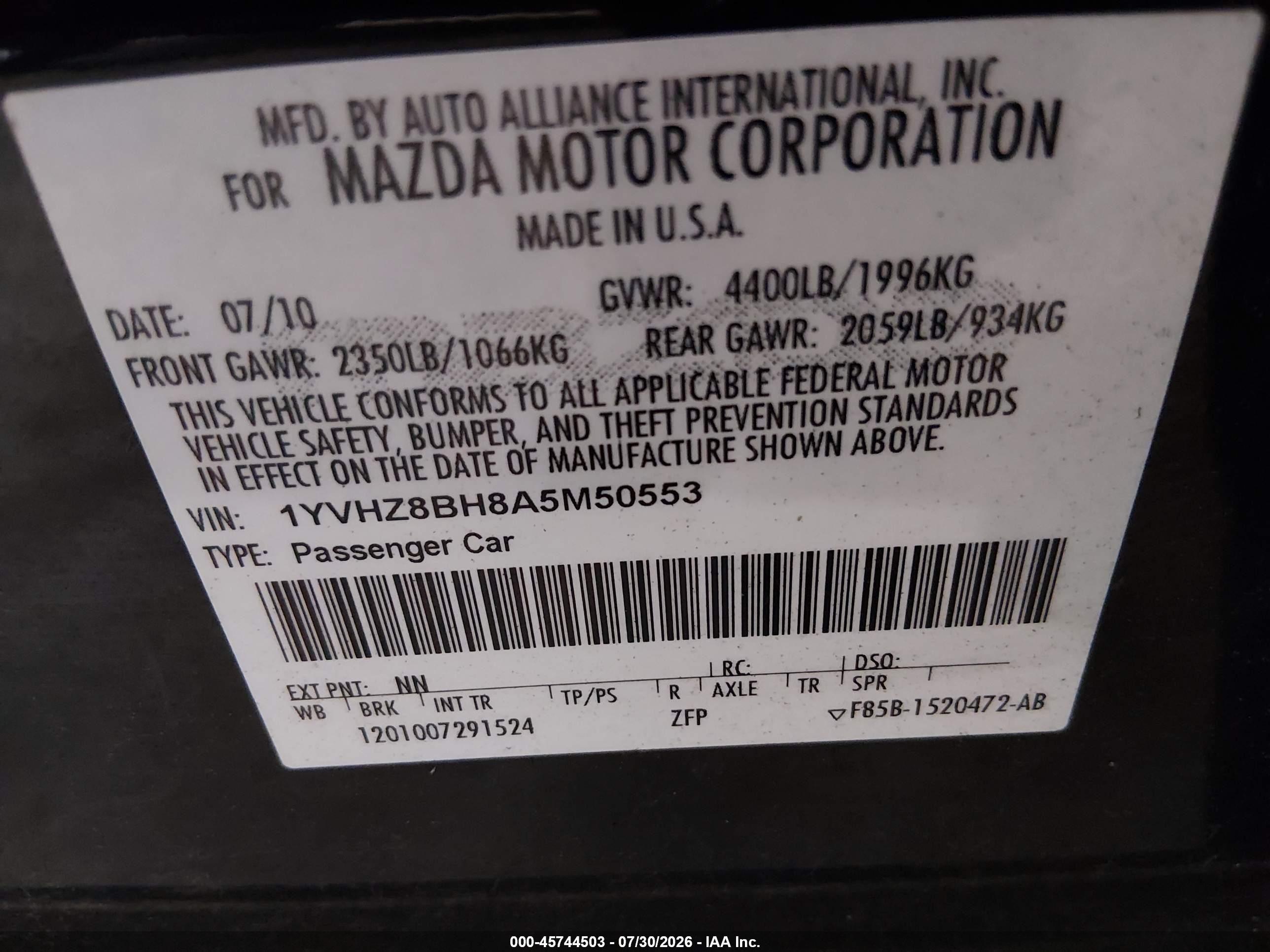 2010 Mazda Mazda6 I Sport Black vin: 1YVHZ8BH8A5M50553