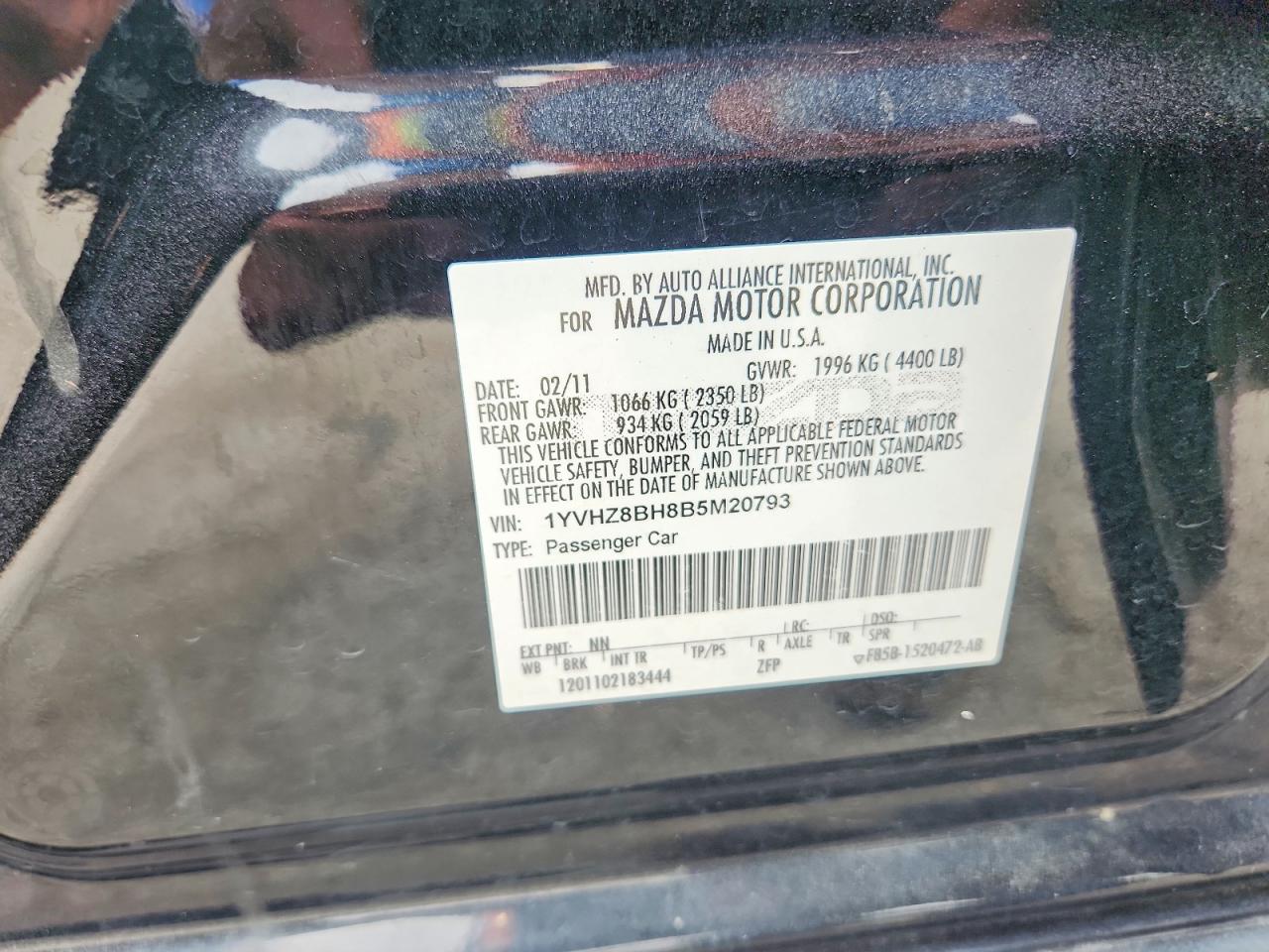 2011 Mazda 6 I Black vin: 1YVHZ8BH8B5M20793