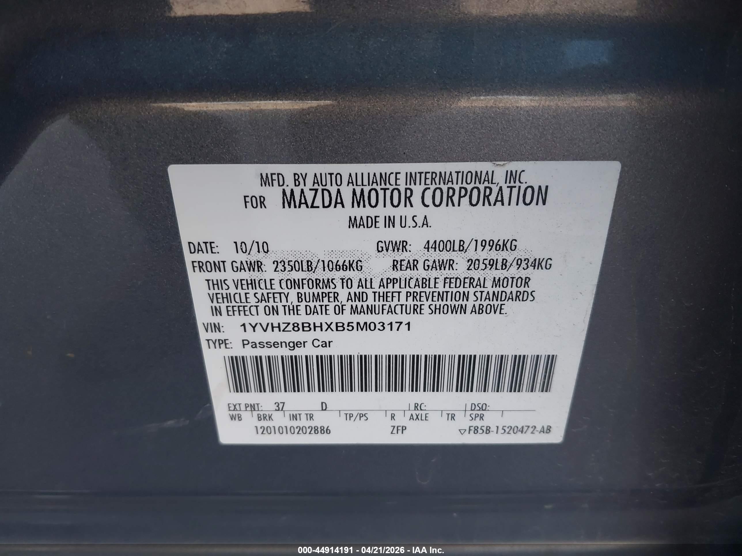 2011 Mazda Mazda6 I Sport Blue vin: 1YVHZ8BHXB5M03171