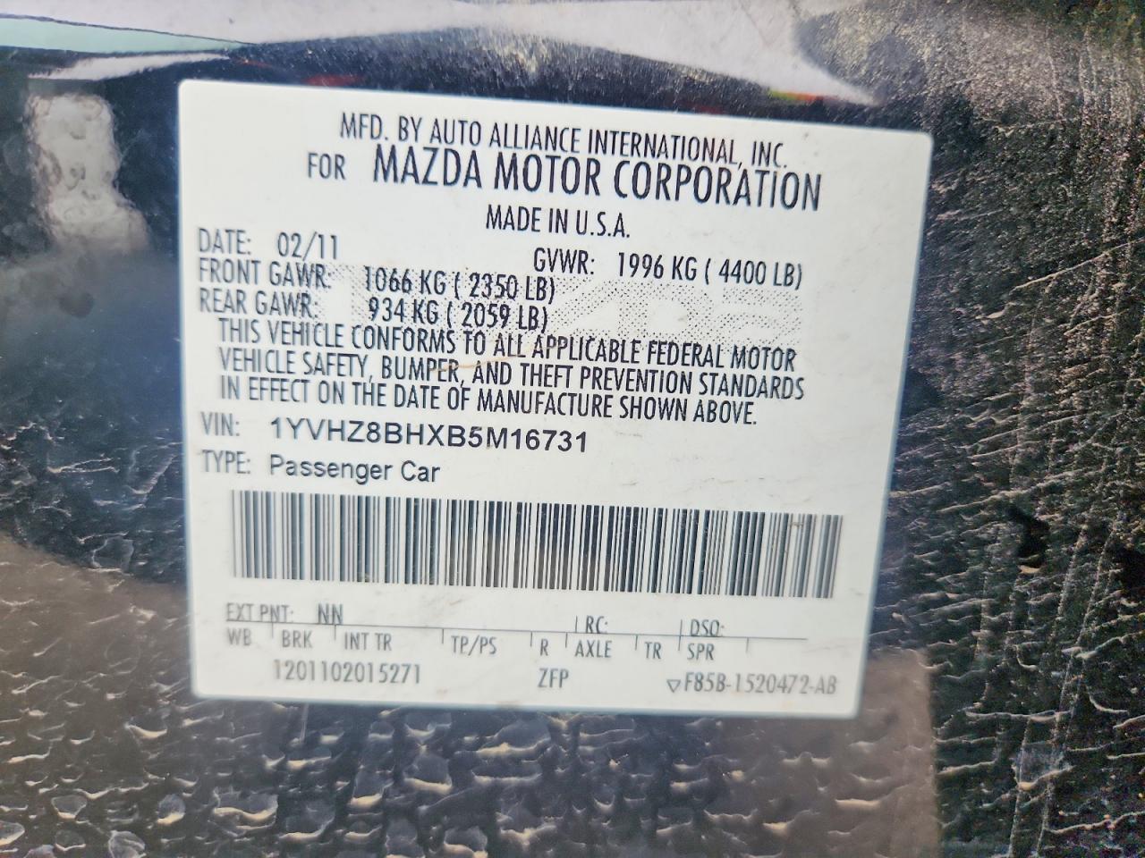 2011 Mazd 6 I Black vin: 1YVHZ8BHXB5M16731