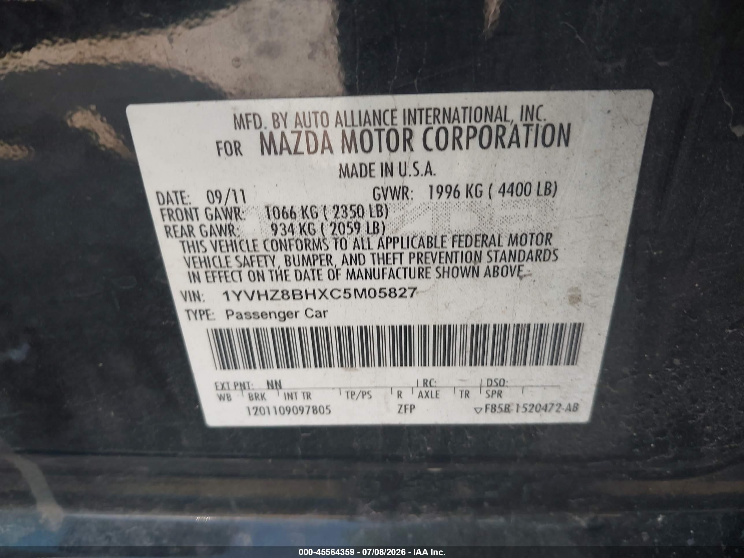 2012 Mazda Mazda6 I Sport Black vin: 1YVHZ8BHXC5M05827