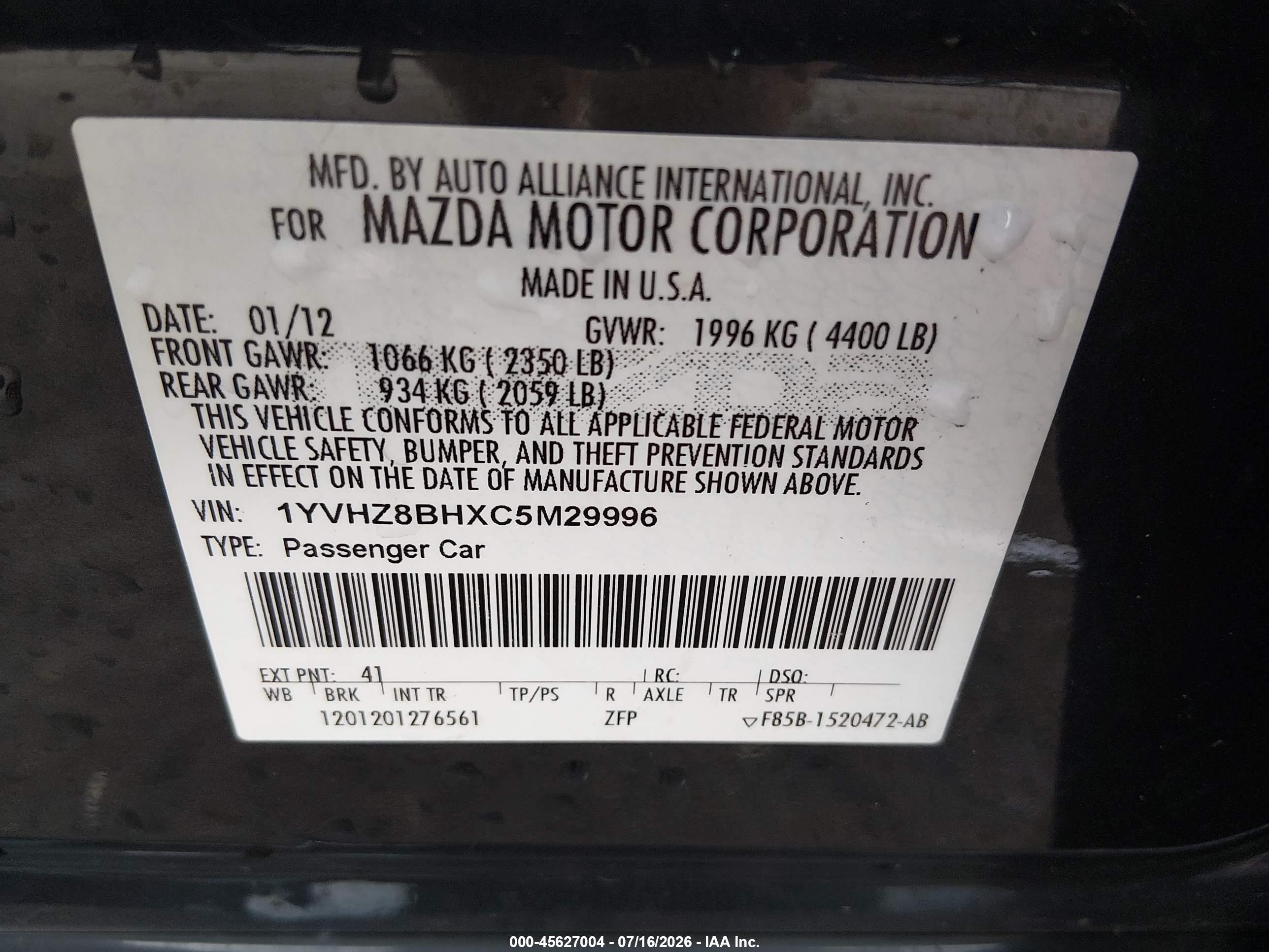 2012 Mazda Mazda6 I Sport Black vin: 1YVHZ8BHXC5M29996