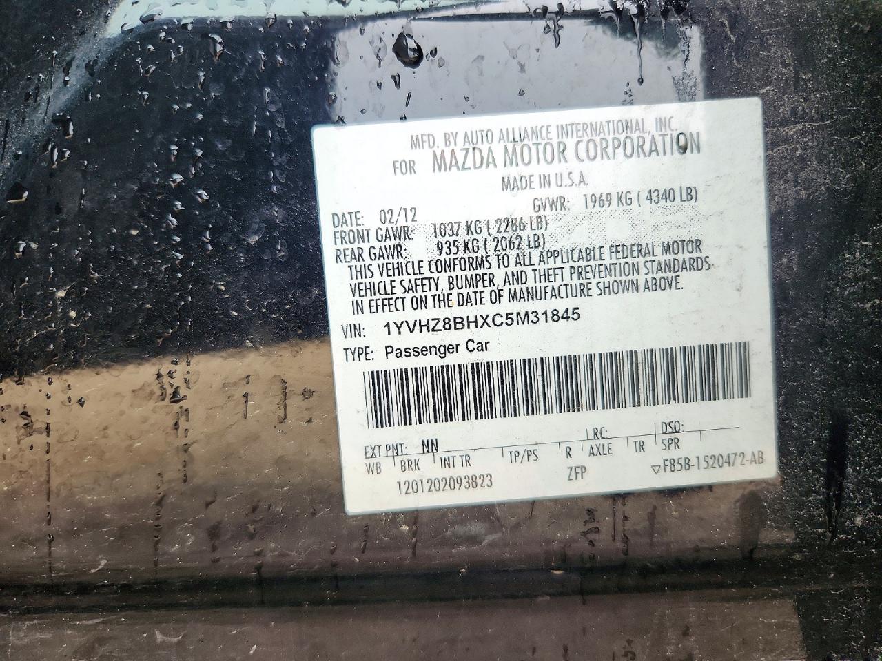 2012 Mazda 6 I Black vin: 1YVHZ8BHXC5M31845