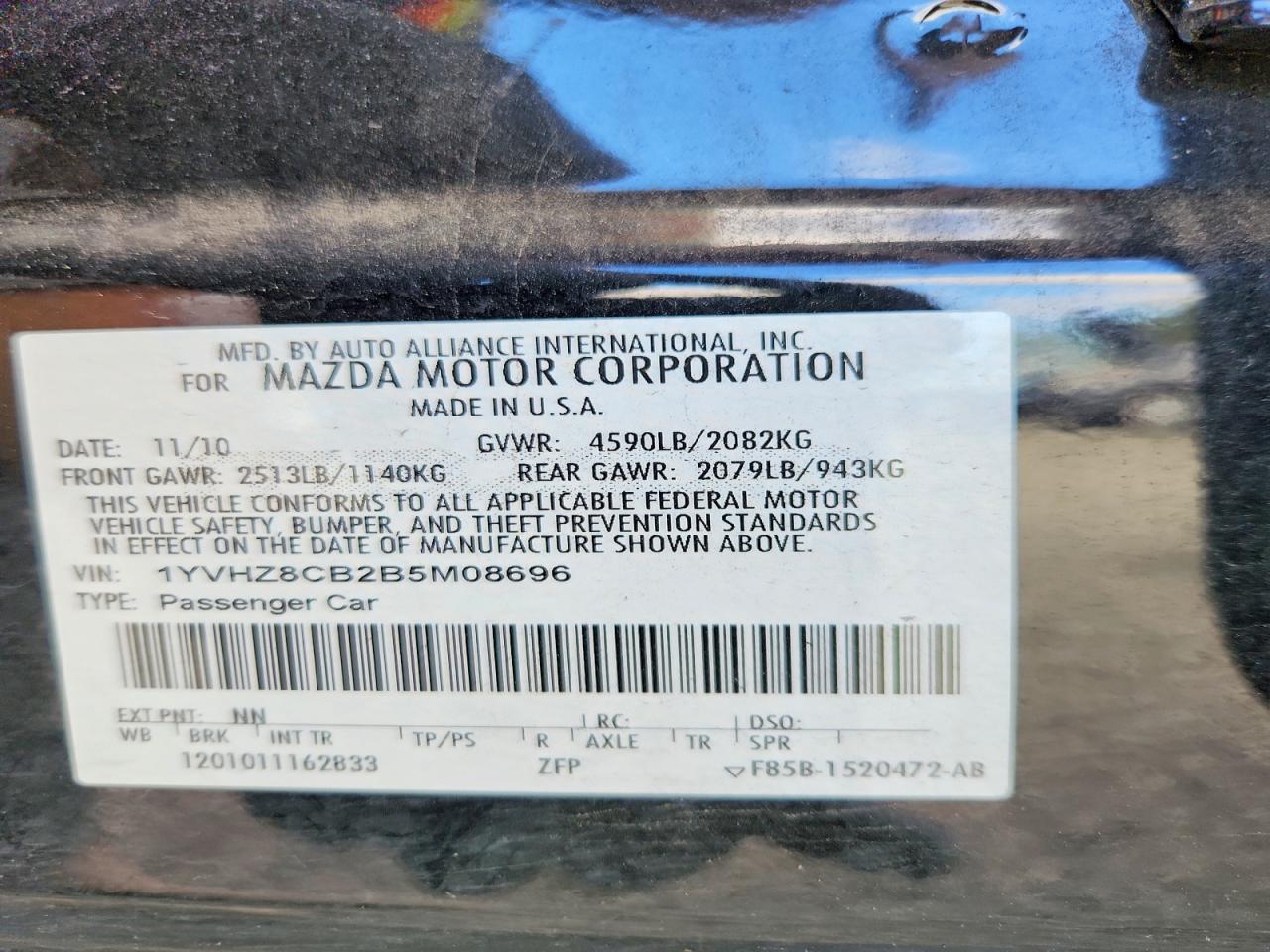 2011 Mazda 6 S Black vin: 1YVHZ8CB2B5M08696