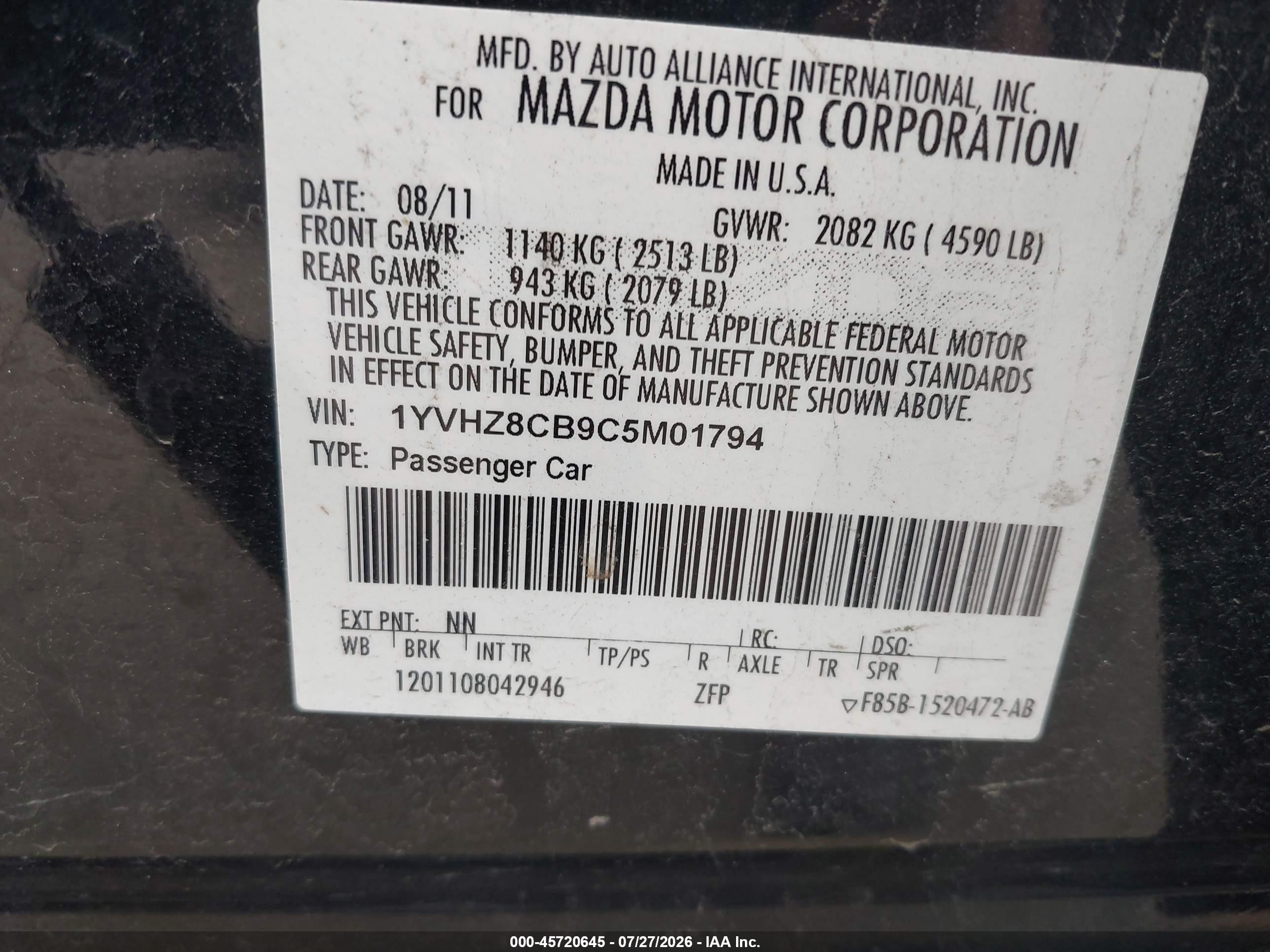 2012 Mazda Mazda6   Black vin: 1YVHZ8CB9C5M01794