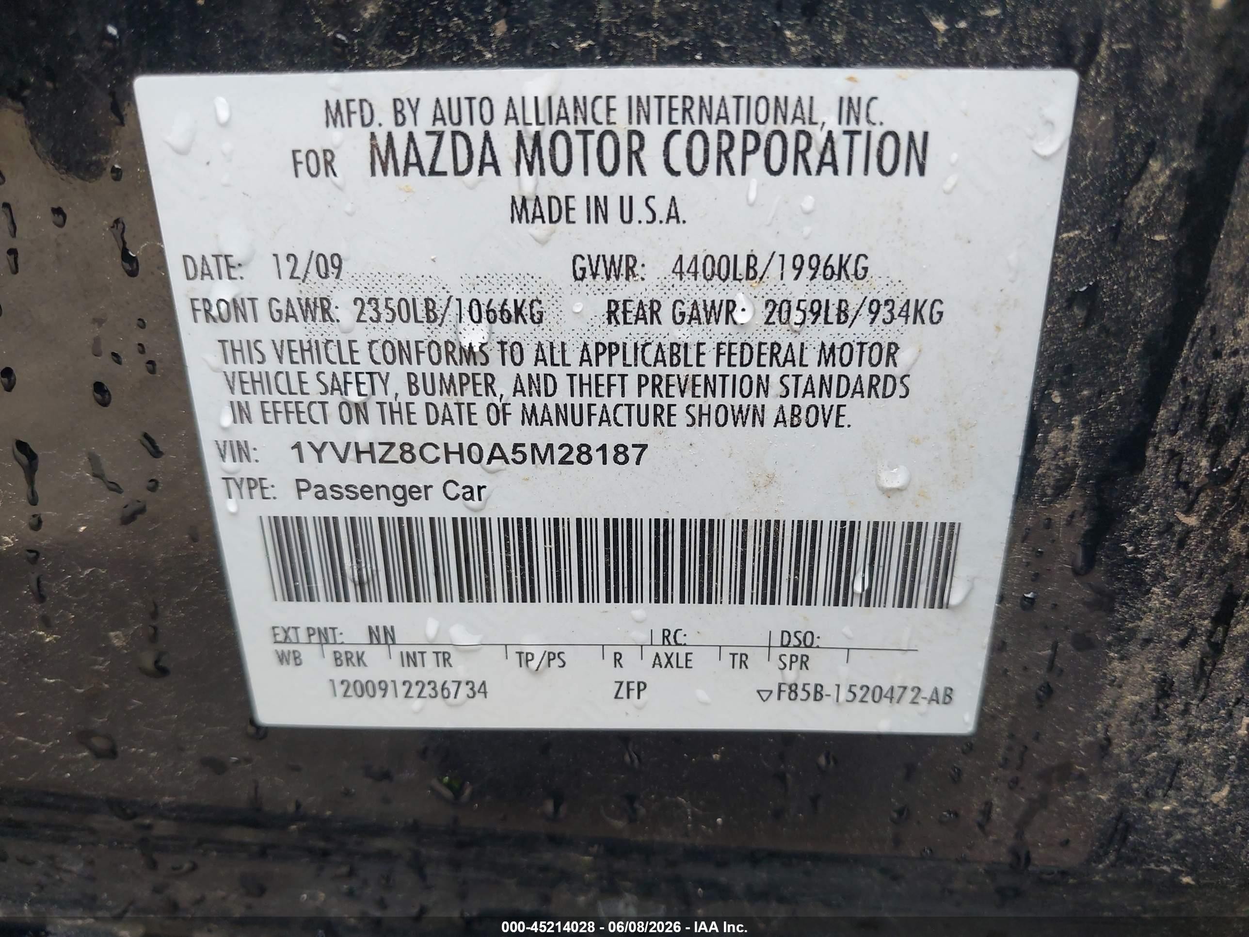 2010 Mazda Mazda6 I Touring Black vin: 1YVHZ8CH0A5M28187