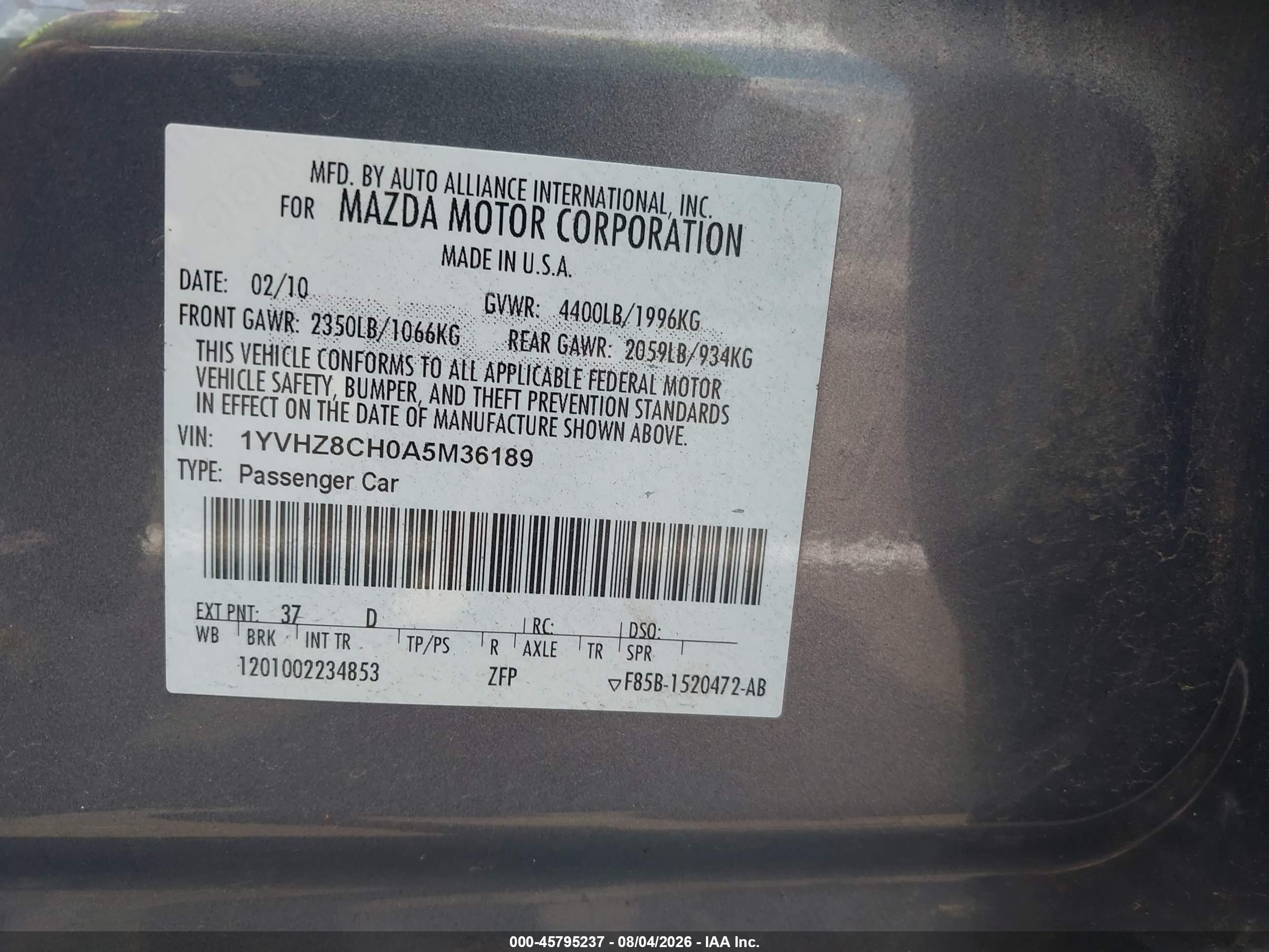 2010 Mazda Mazda6 I Grand Touring Gray vin: 1YVHZ8CH0A5M36189