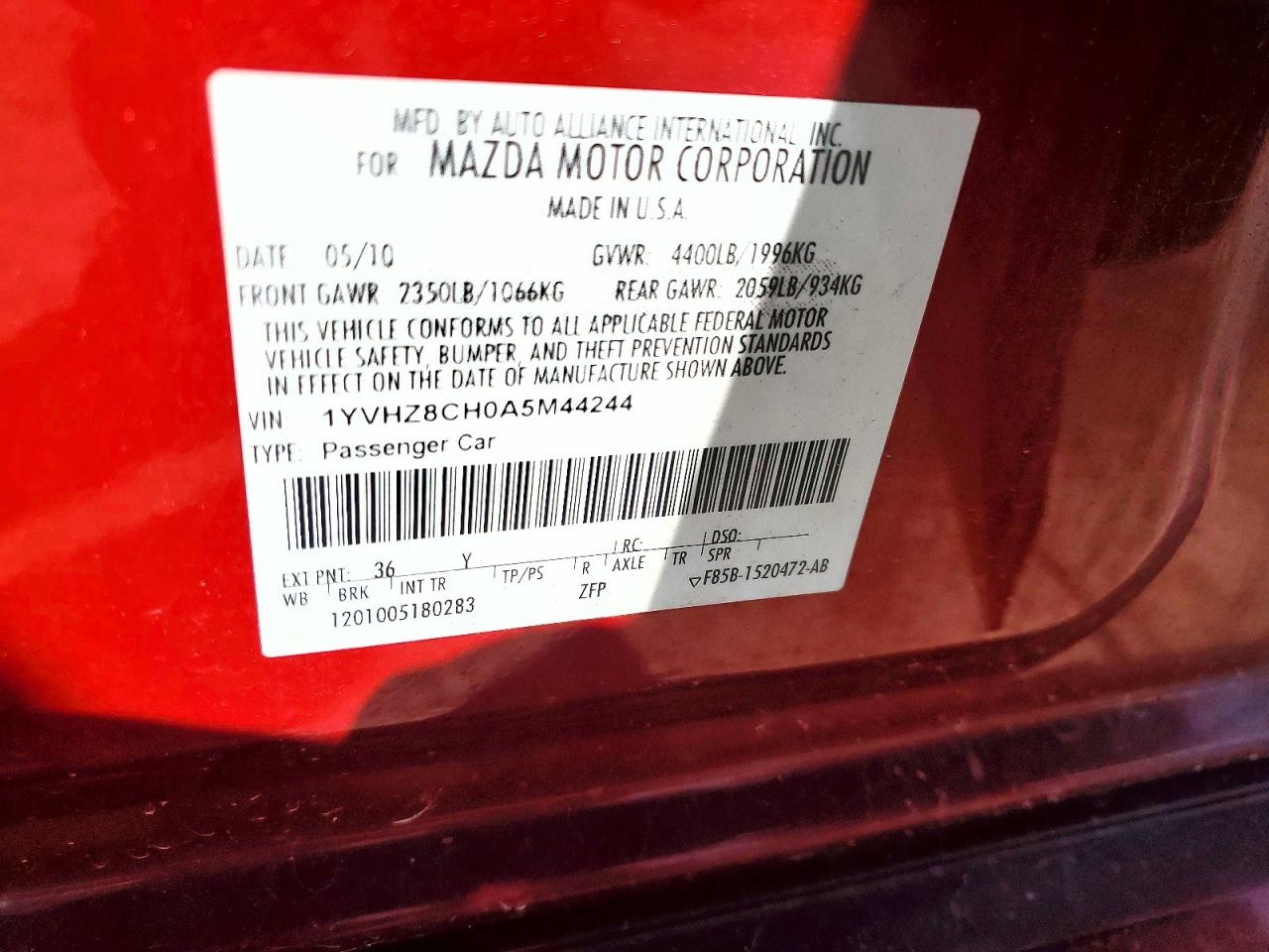 2010 Mazda 6 I Red vin: 1YVHZ8CH0A5M44244